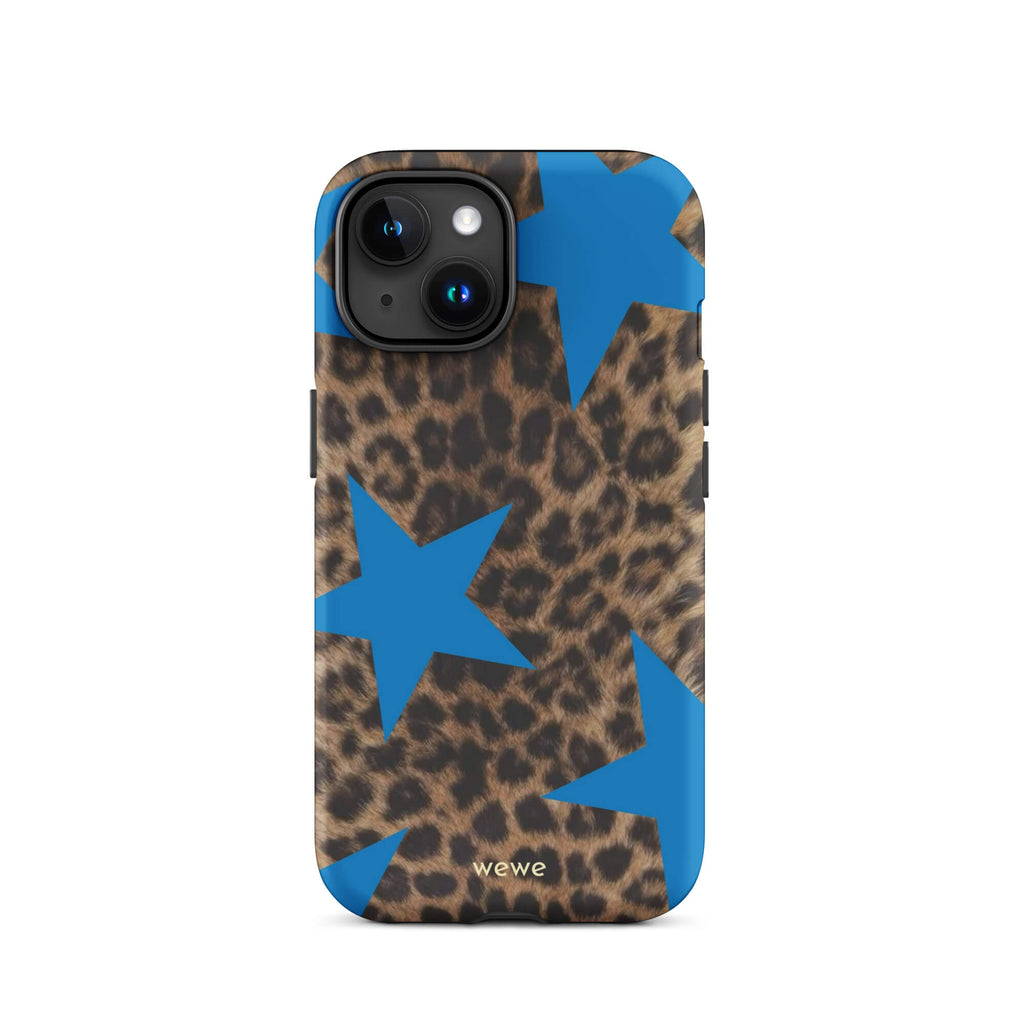 Brown-and-black leopard-print iPhone case with large electric-blue stars