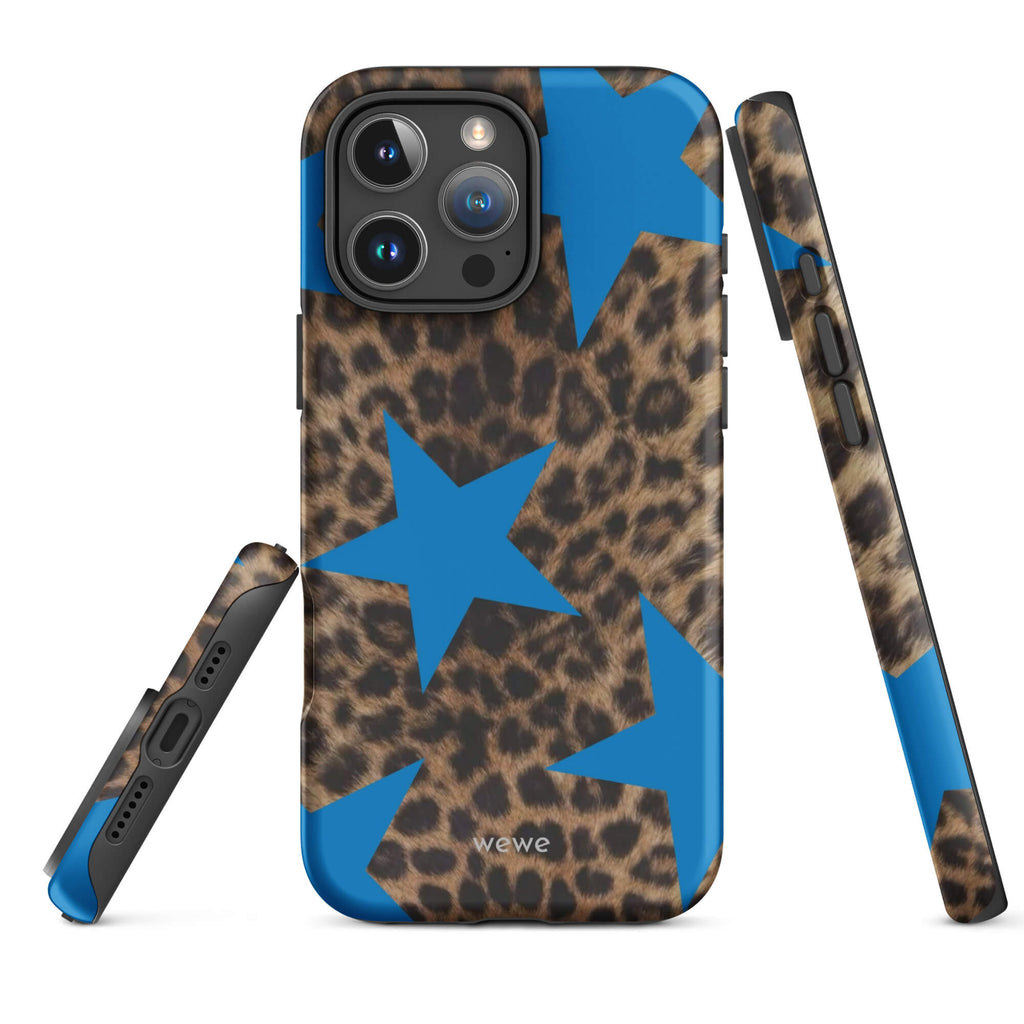 Brown-and-black leopard-print iPhone case with large electric-blue stars