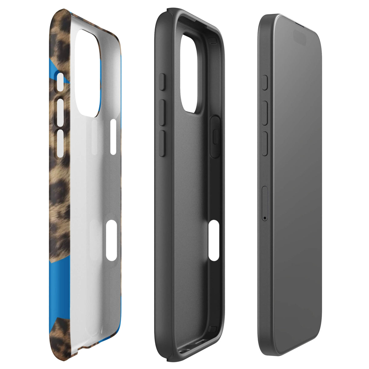 Brown-and-black leopard-print iPhone case with large electric-blue stars