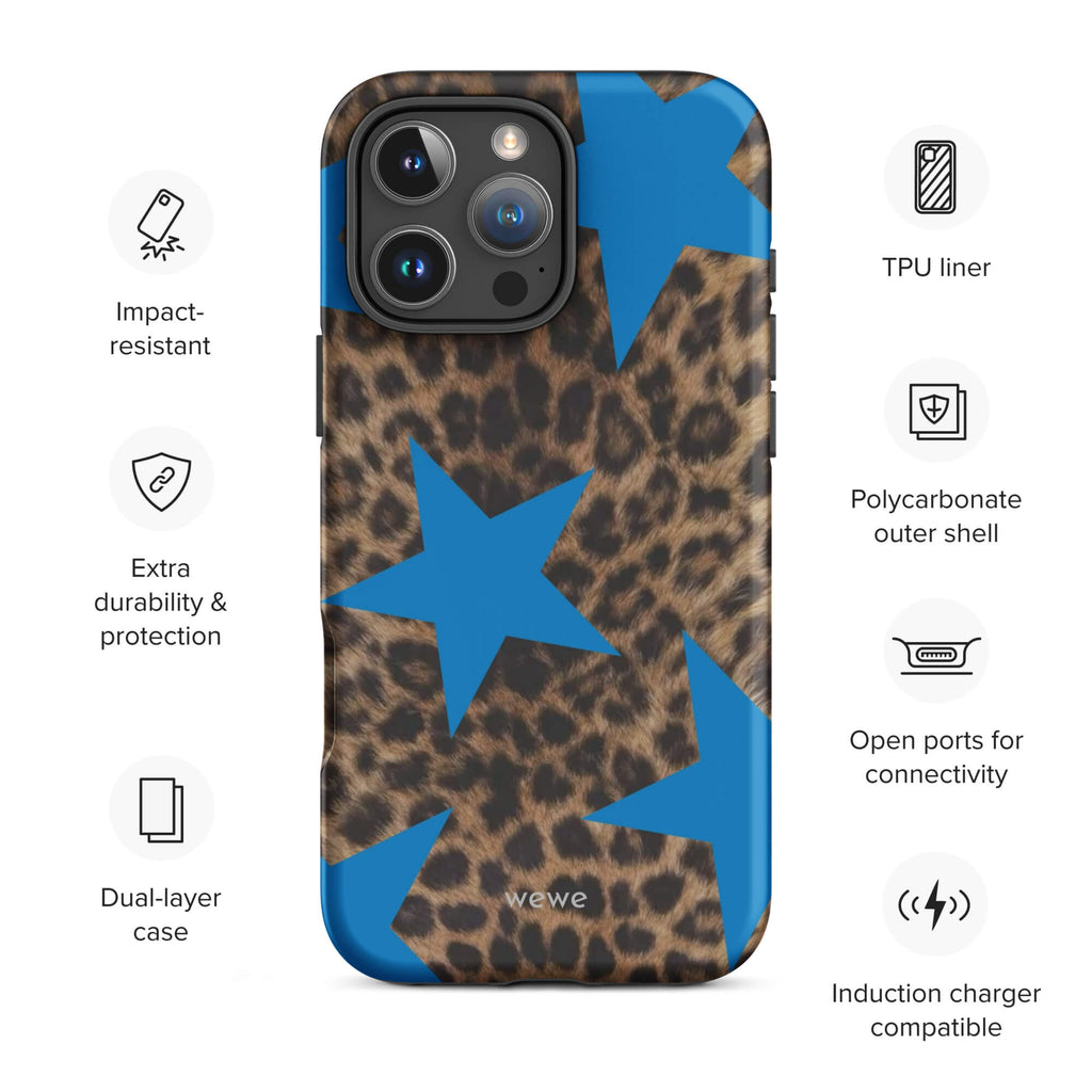 Brown-and-black leopard-print iPhone case with large electric-blue stars