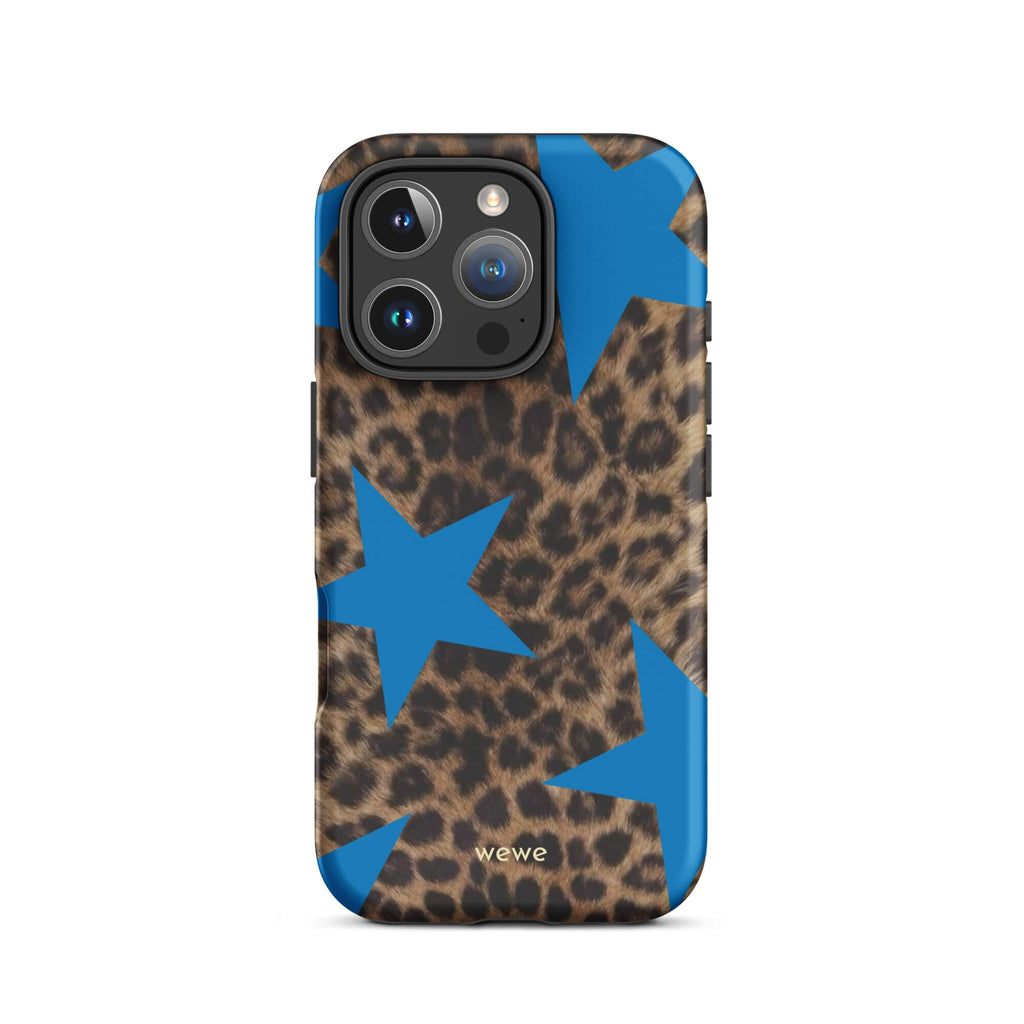 Brown-and-black leopard-print iPhone case with large electric-blue stars