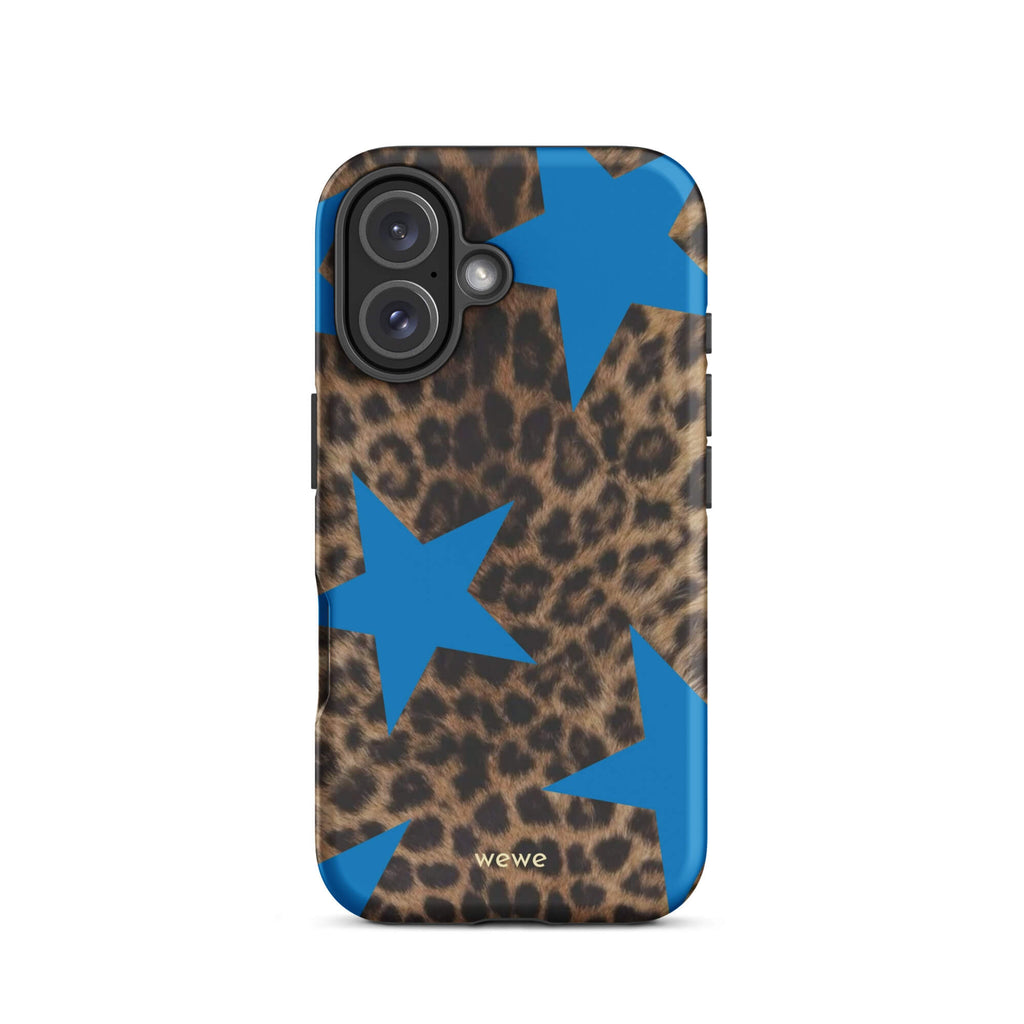 Brown-and-black leopard-print iPhone case with large electric-blue stars