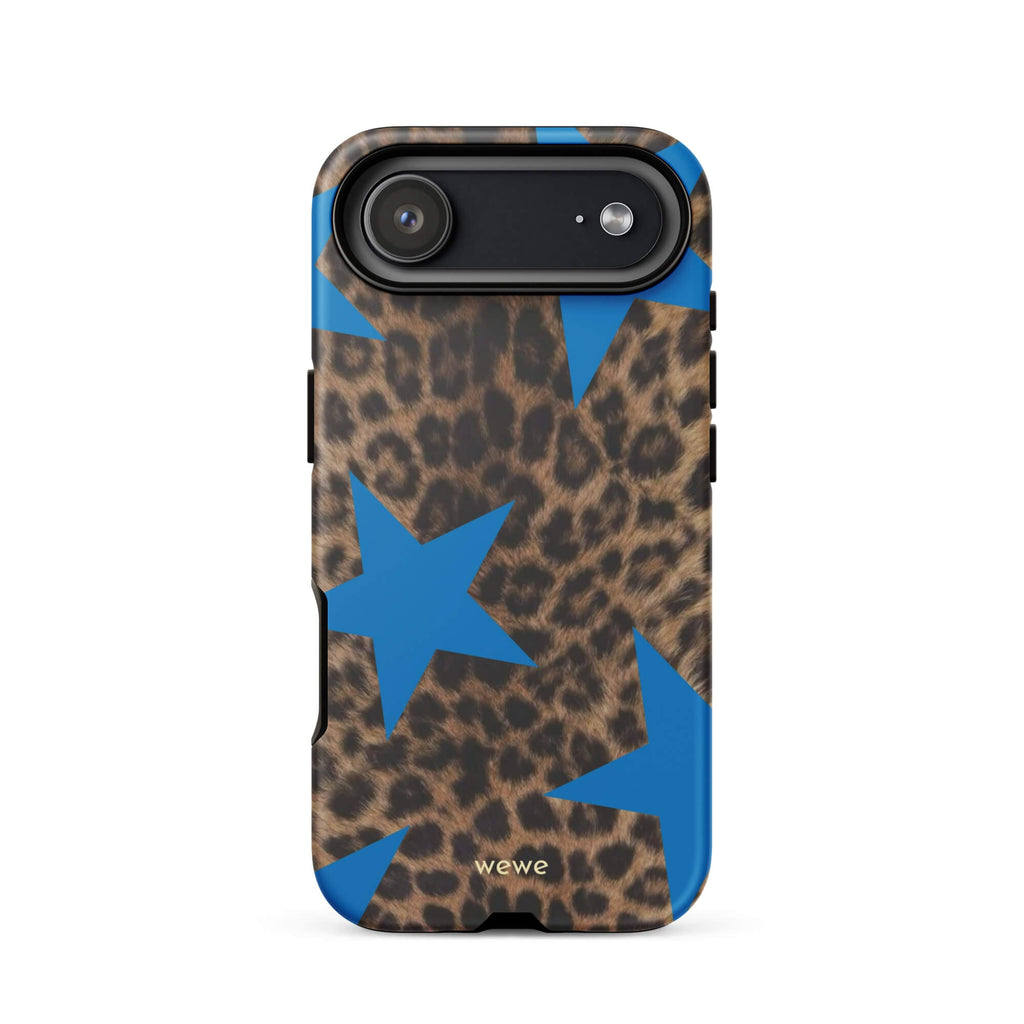 Brown-and-black leopard-print iPhone case with large electric-blue stars