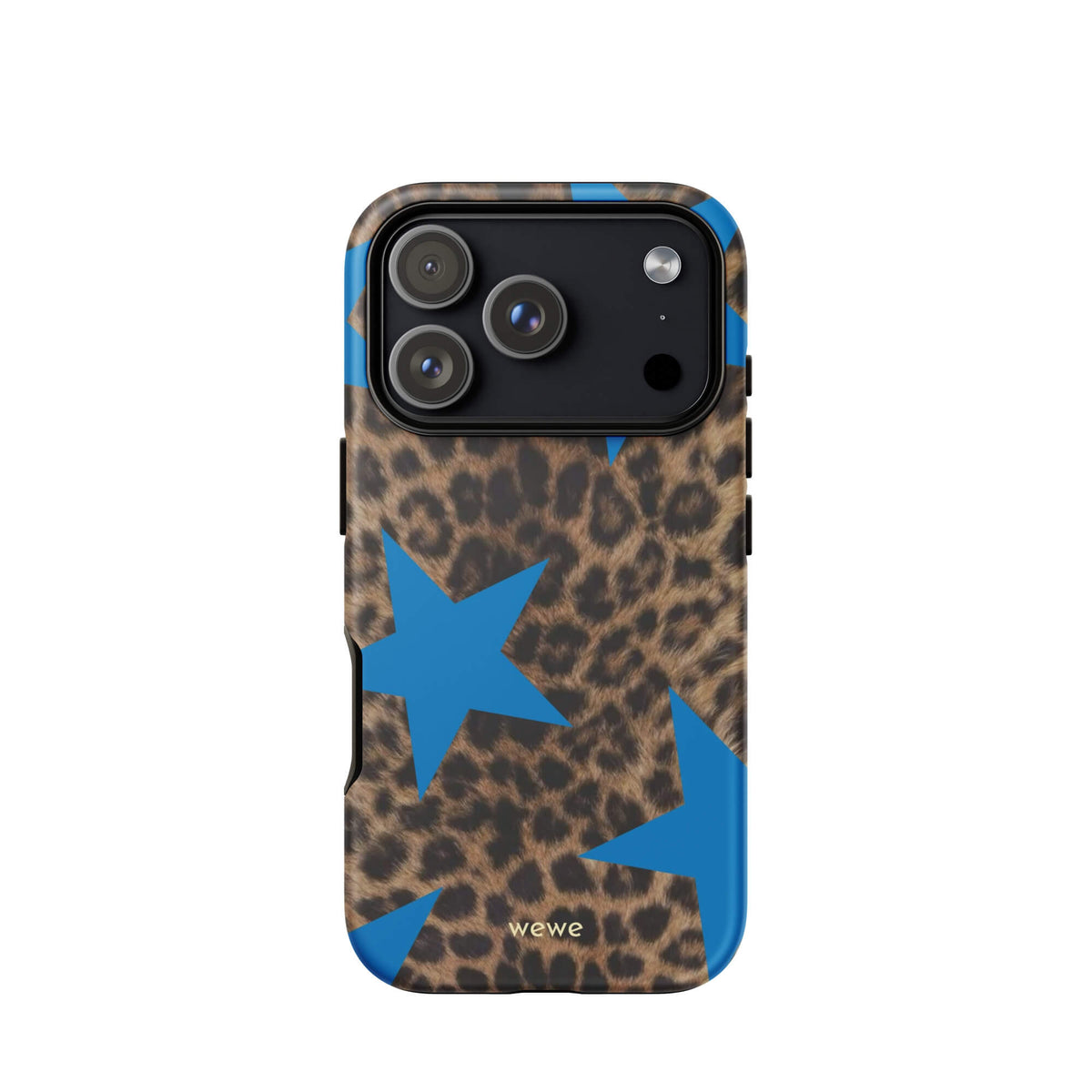 Brown-and-black leopard-print iPhone case with large electric-blue stars