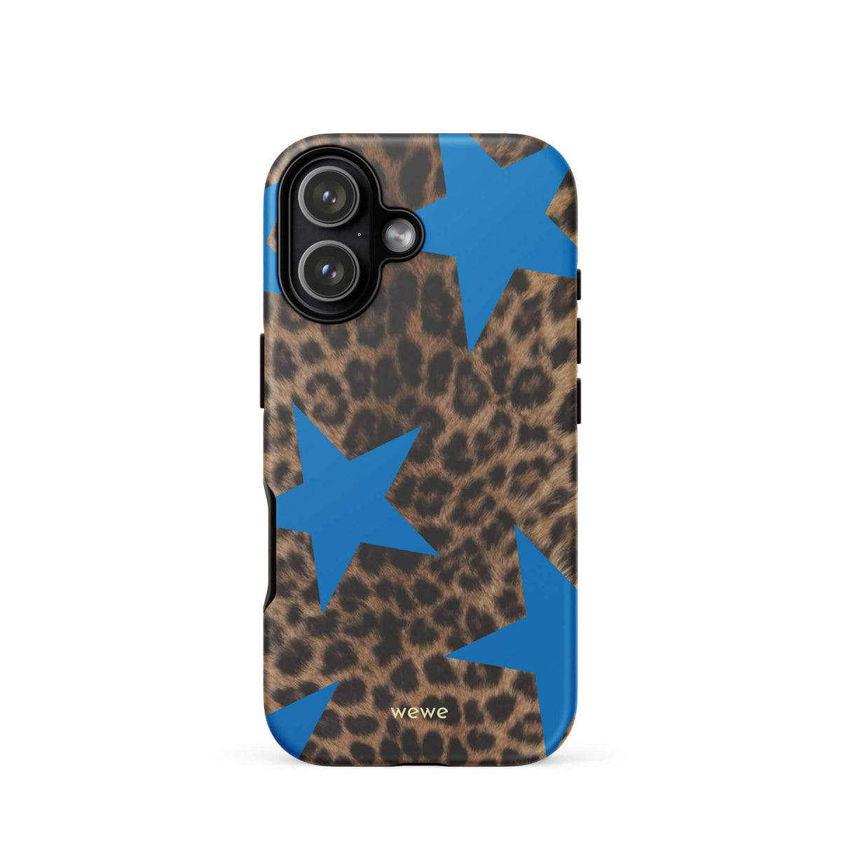 Brown-and-black leopard-print iPhone case with large electric-blue stars