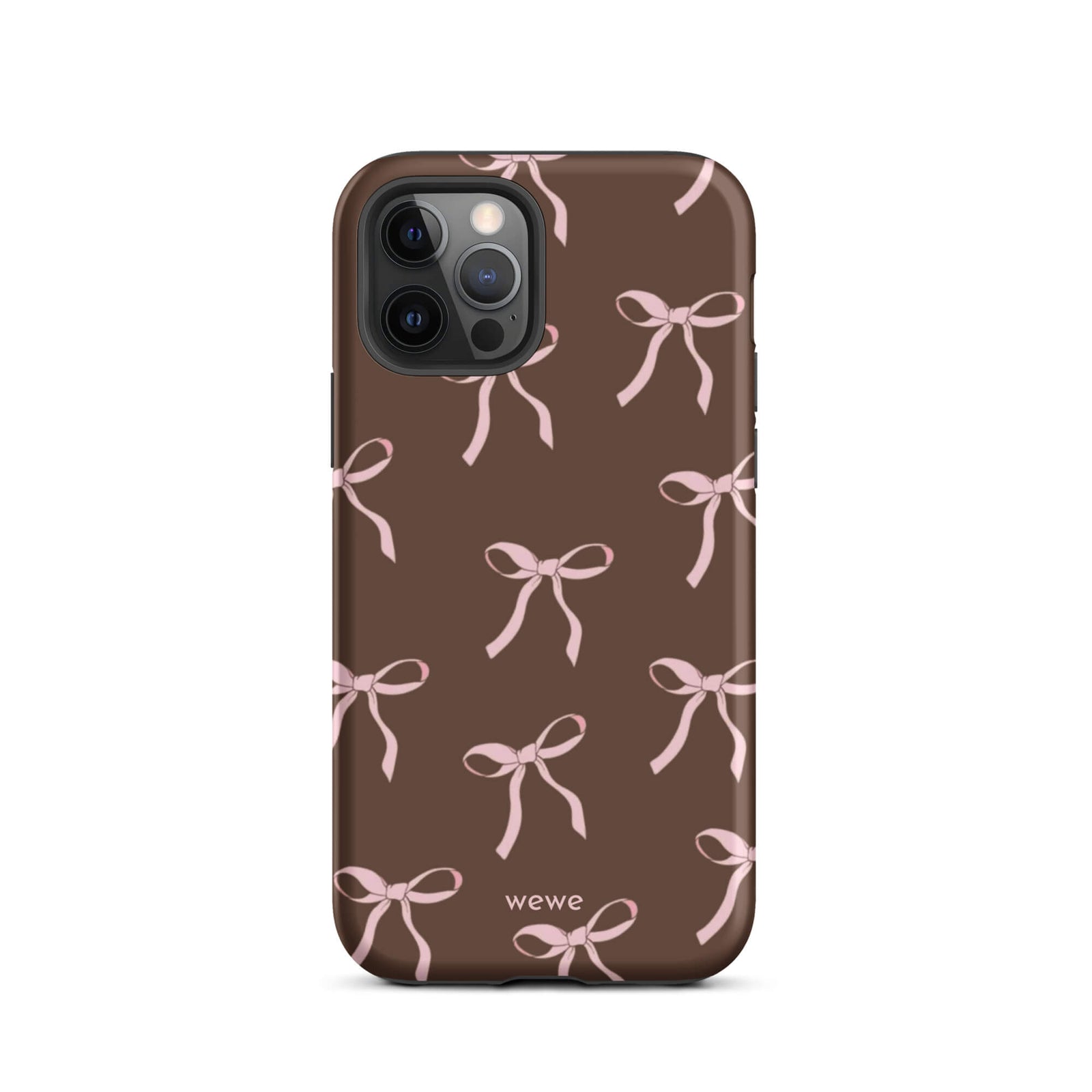 Custom iPhone 12 pro tough case in matte dark brown (chocolate) featuring an all-over repeating pattern of light pink ribbons/bows, with 'wewe' branding at the bottom.