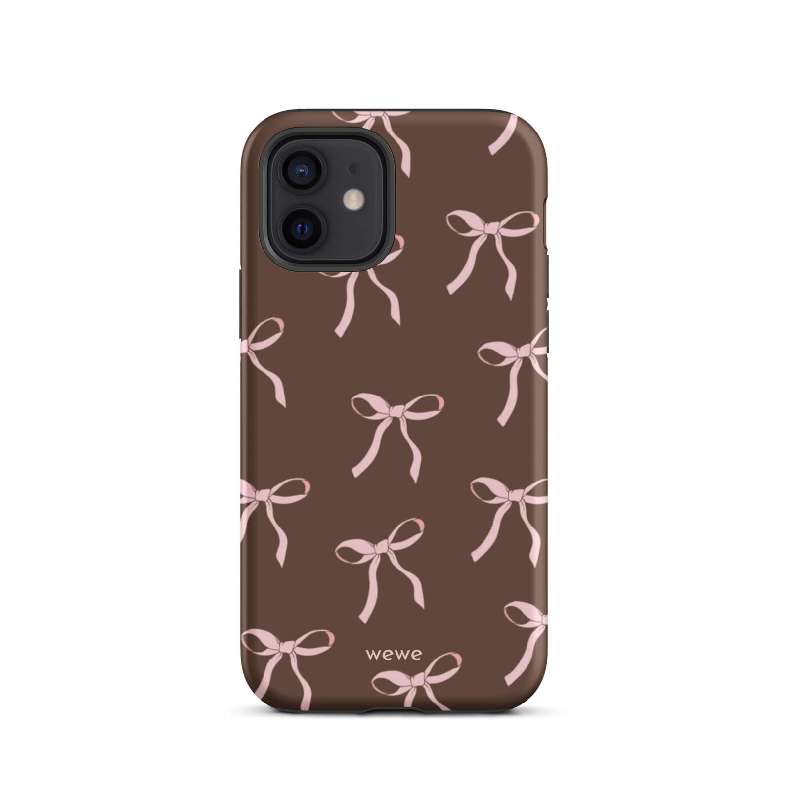 Custom iPhone 12 tough case in matte dark brown (chocolate) featuring an all-over repeating pattern of light pink ribbons/bows, with 'wewe' branding at the bottom.