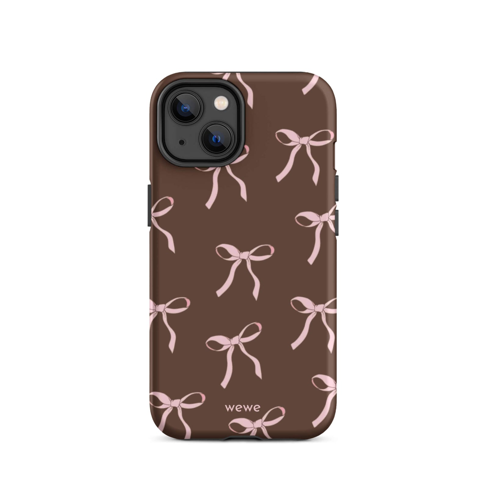 Custom iPhone 14 tough case in matte dark brown (chocolate) featuring an all-over repeating pattern of light pink ribbons/bows, with 'wewe' branding at the bottom.