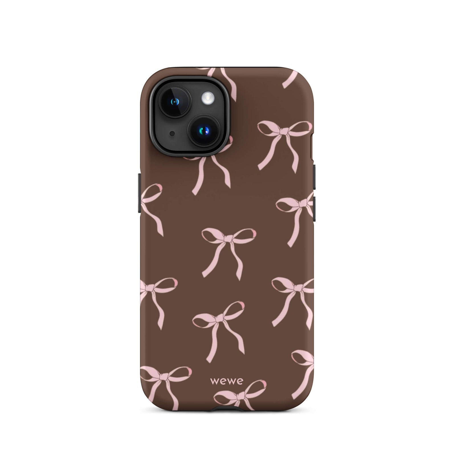 Custom iPhone 15 tough case in matte dark brown (chocolate) featuring an all-over repeating pattern of light pink ribbons/bows, with 'wewe' branding at the bottom.
