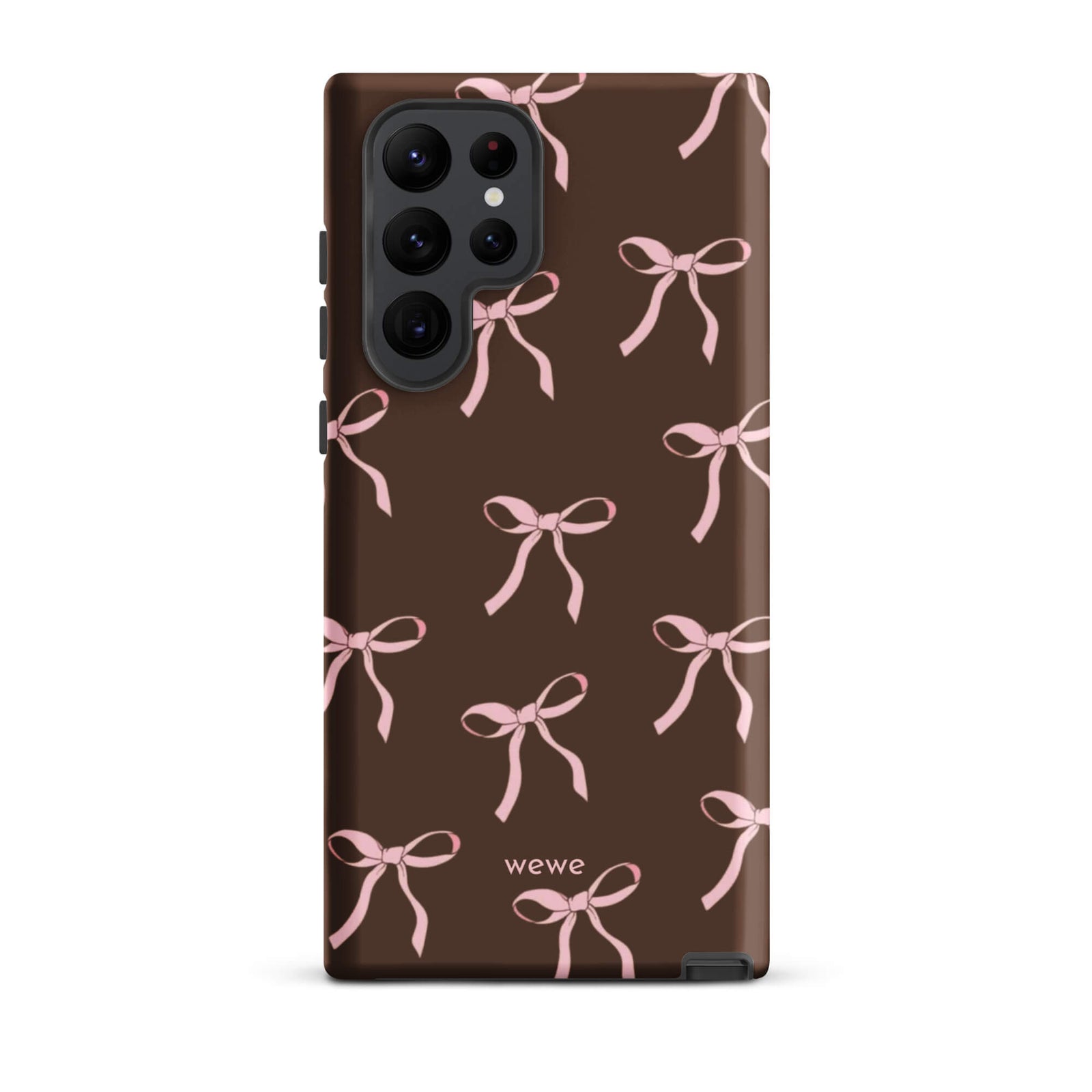 Custom samsung galaxy s22 ultra tough case in matte dark brown (chocolate) featuring an all-over repeating pattern of light pink ribbons/bows, with 'wewe' branding at the bottom.