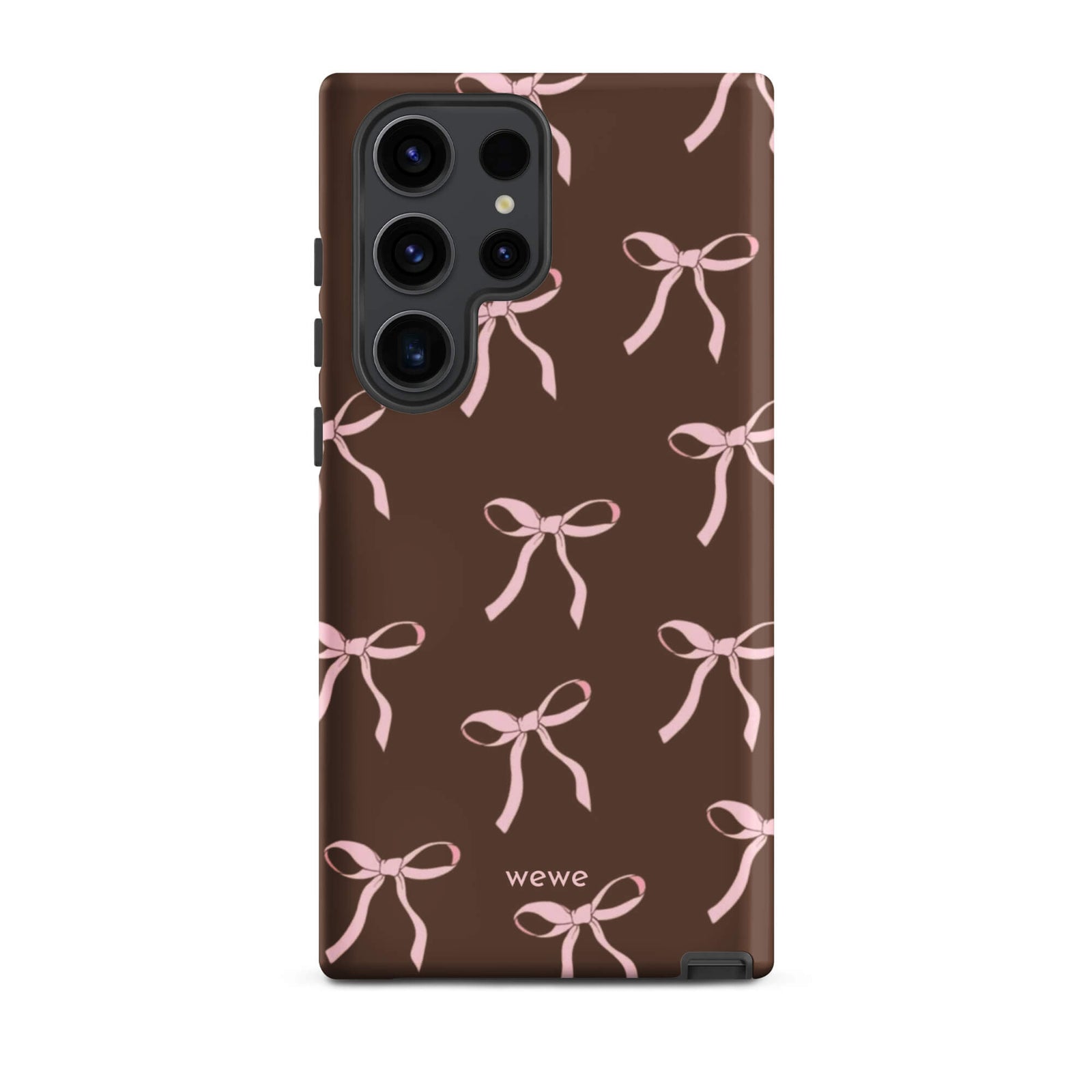 Custom samsung galaxy s23 ultra tough case in matte dark brown (chocolate) featuring an all-over repeating pattern of light pink ribbons/bows, with 'wewe' branding at the bottom.