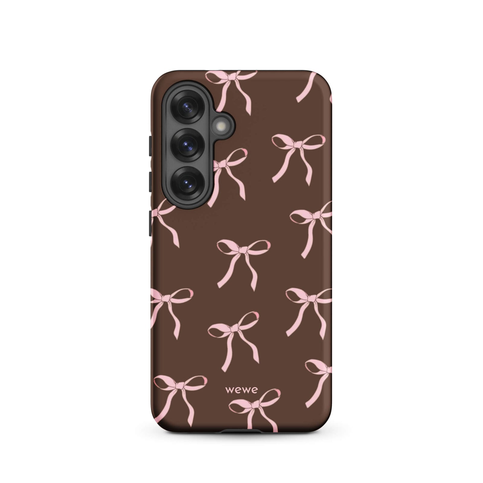 Custom samsung galaxy s25 tough case in matte dark brown (chocolate) featuring an all-over repeating pattern of light pink ribbons/bows, with 'wewe' branding at the bottom.
