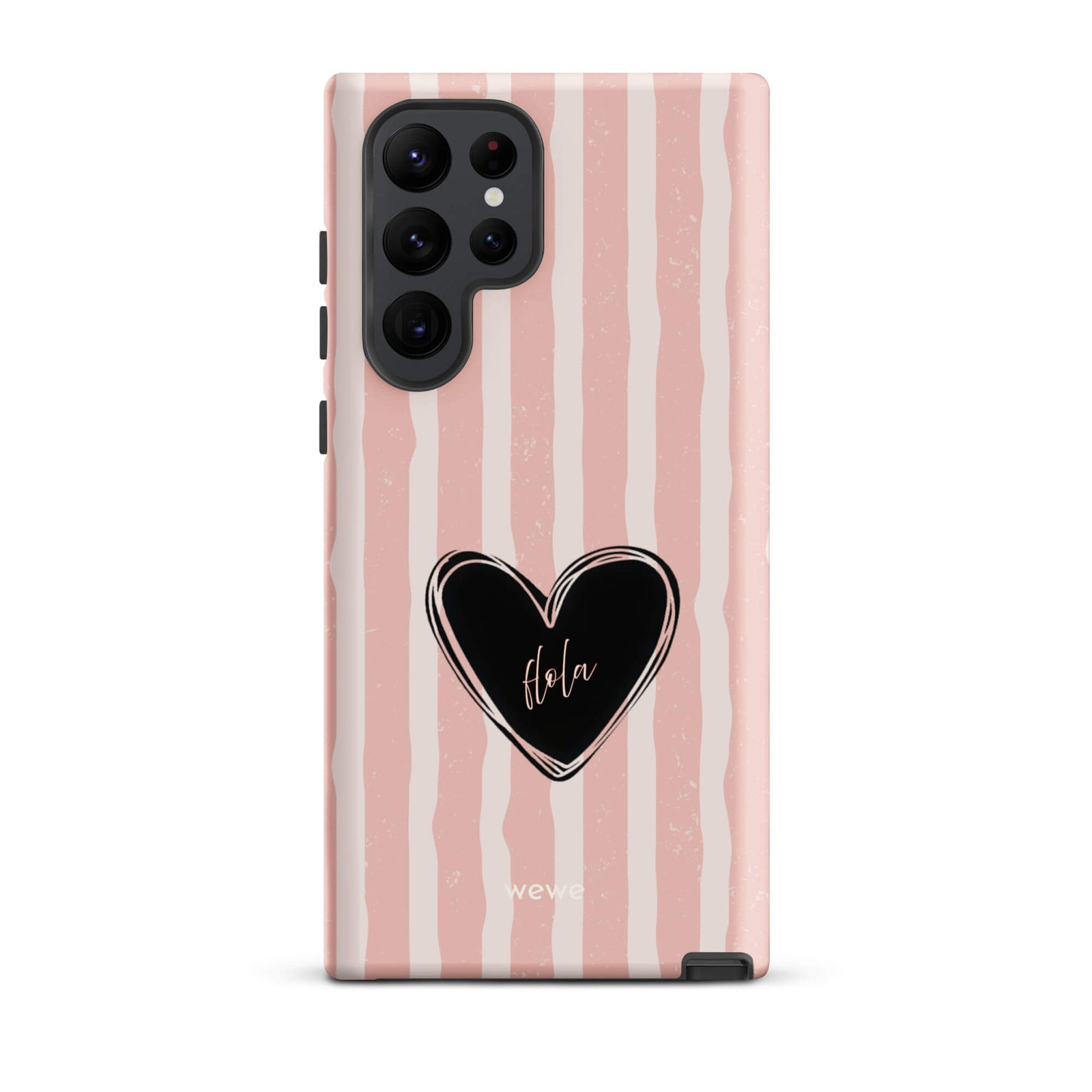 Custom samsung galaxy s22 ultra  featuring a matte distressed pattern of pale pink and white vertical stripes, centered with a black heart graphic containing the word 'Hola' in cursive, and 'wewe' branding at the bottom.