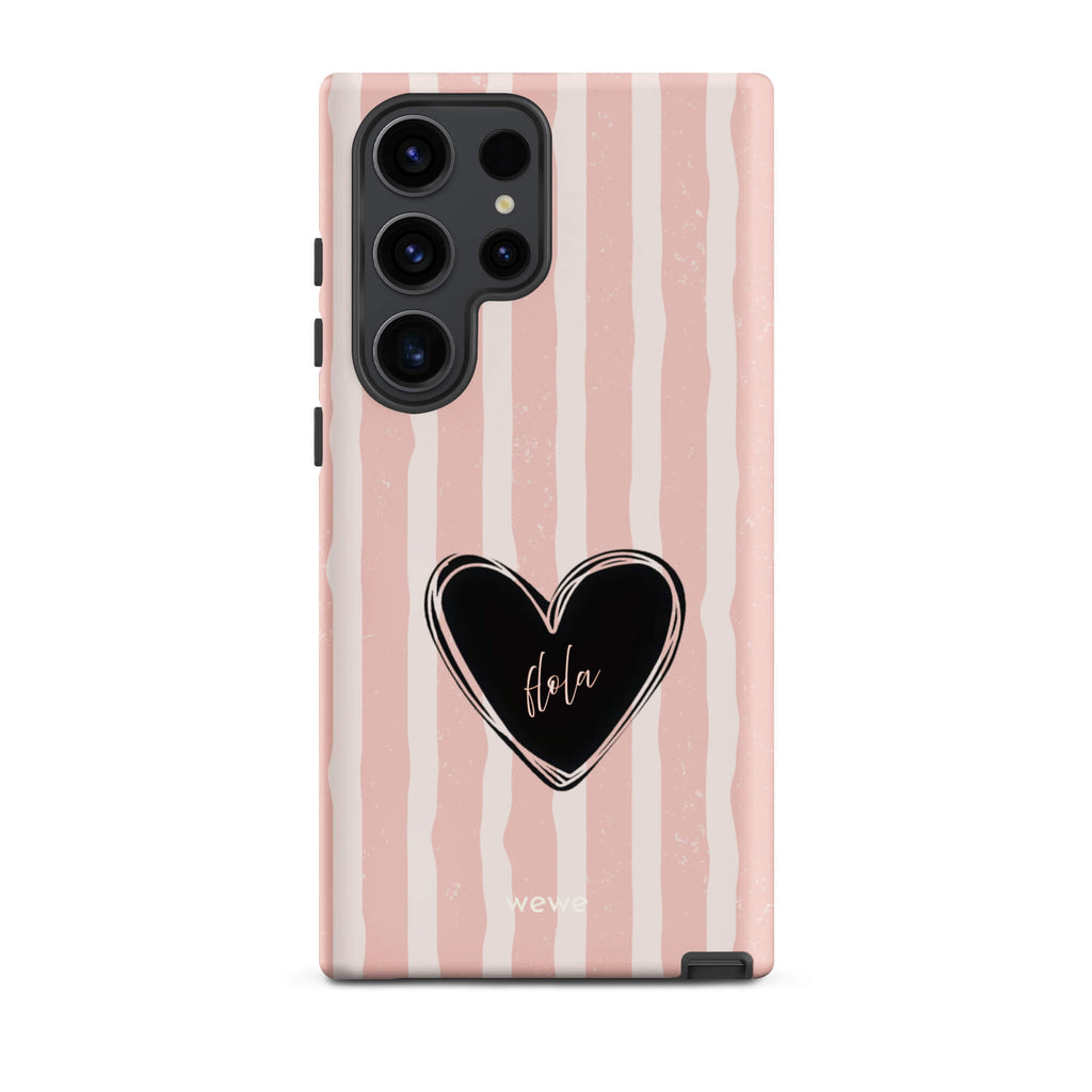 Custom samsung galaxy s23 ultra  featuring a matte distressed pattern of pale pink and white vertical stripes, centered with a black heart graphic containing the word 'Hola' in cursive, and 'wewe' branding at the bottom.