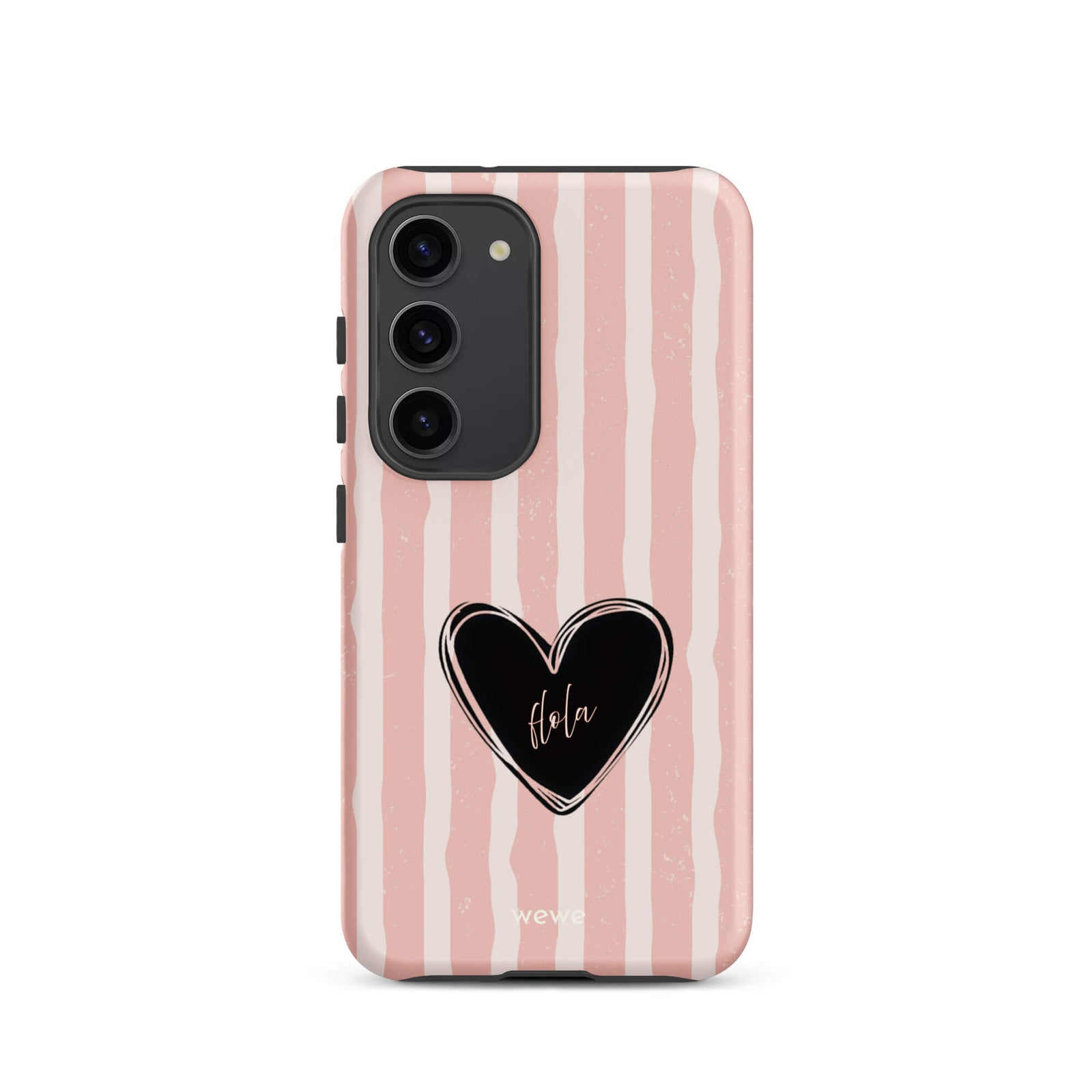 Custom samsung galaxy s23 featuring a matte distressed pattern of pale pink and white vertical stripes, centered with a black heart graphic containing the word 'Hola' in cursive, and 'wewe' branding at the bottom.