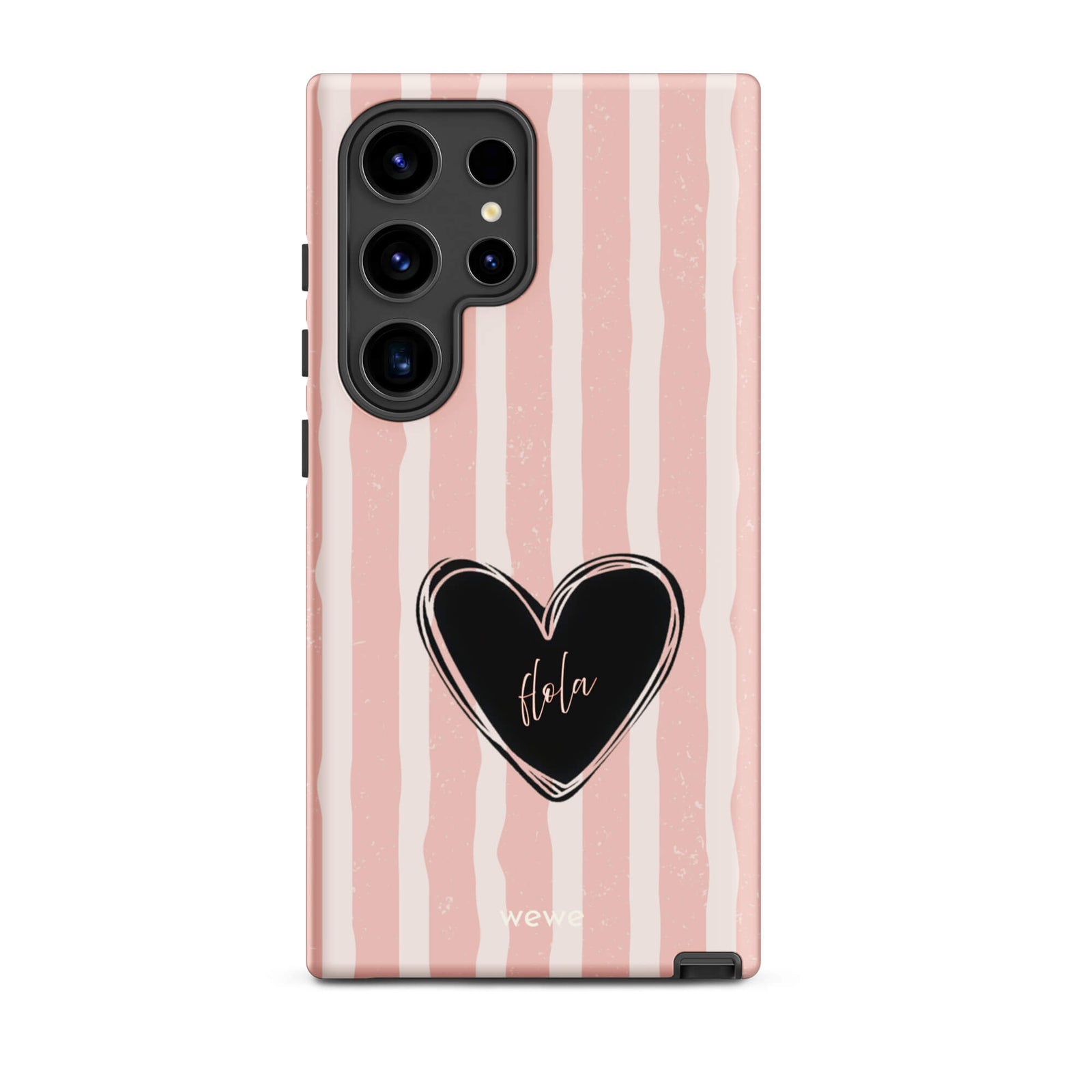 Custom samsung galaxy s24 ultra  featuring a matte distressed pattern of pale pink and white vertical stripes, centered with a black heart graphic containing the word 'Hola' in cursive, and 'wewe' branding at the bottom.