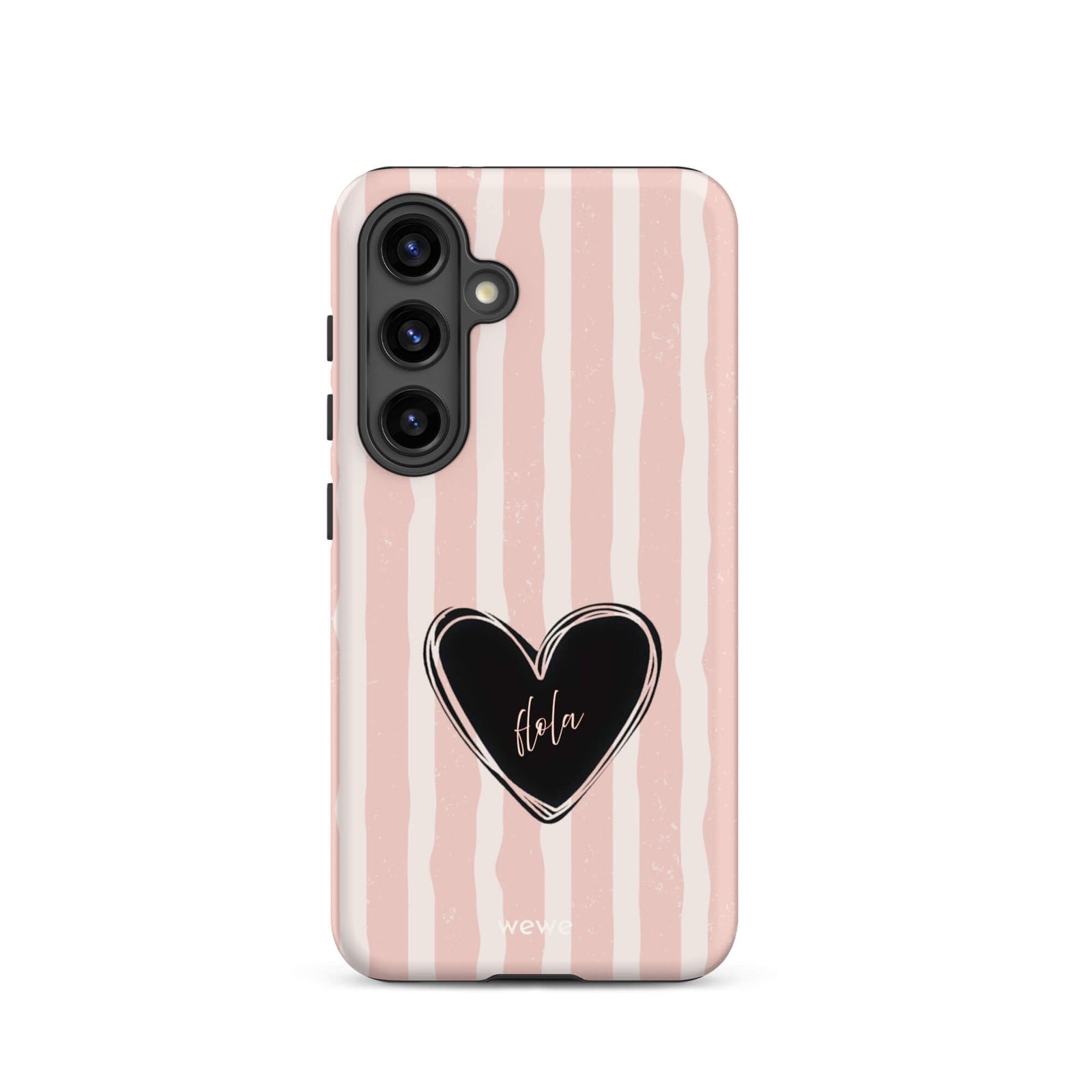 Custom samsung galaxy s24 featuring a matte distressed pattern of pale pink and white vertical stripes, centered with a black heart graphic containing the word 'Hola' in cursive, and 'wewe' branding at the bottom.