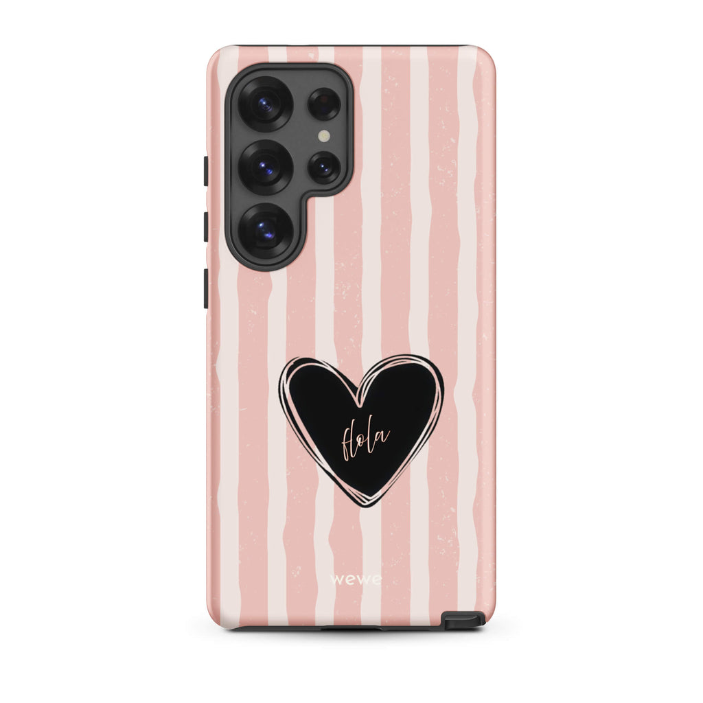 Custom samsung galaxy s25 ultra  featuring a matte distressed pattern of pale pink and white vertical stripes, centered with a black heart graphic containing the word 'Hola' in cursive, and 'wewe' branding at the bottom.