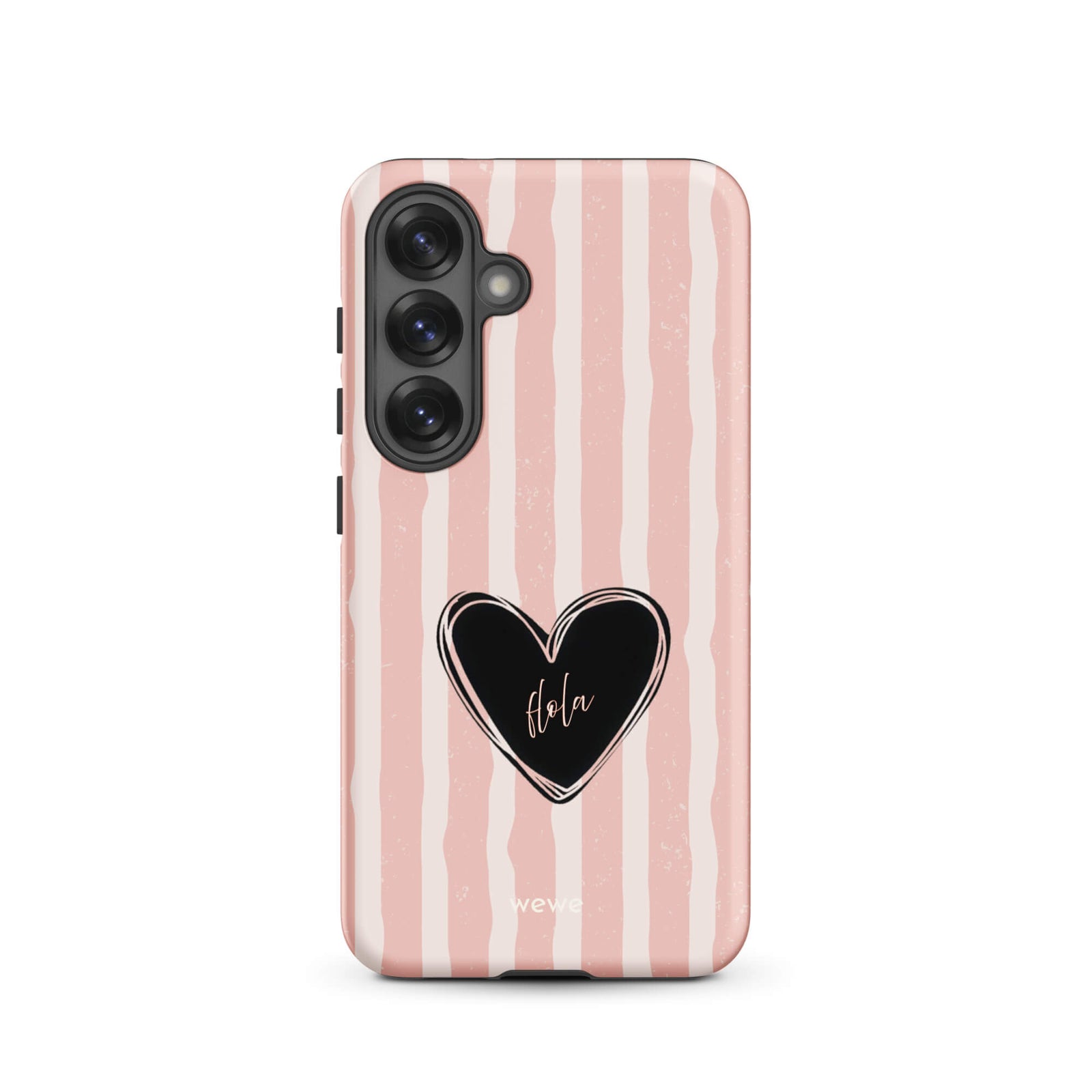 Custom samsung galaxy s25 featuring a matte distressed pattern of pale pink and white vertical stripes, centered with a black heart graphic containing the word 'Hola' in cursive, and 'wewe' branding at the bottom.