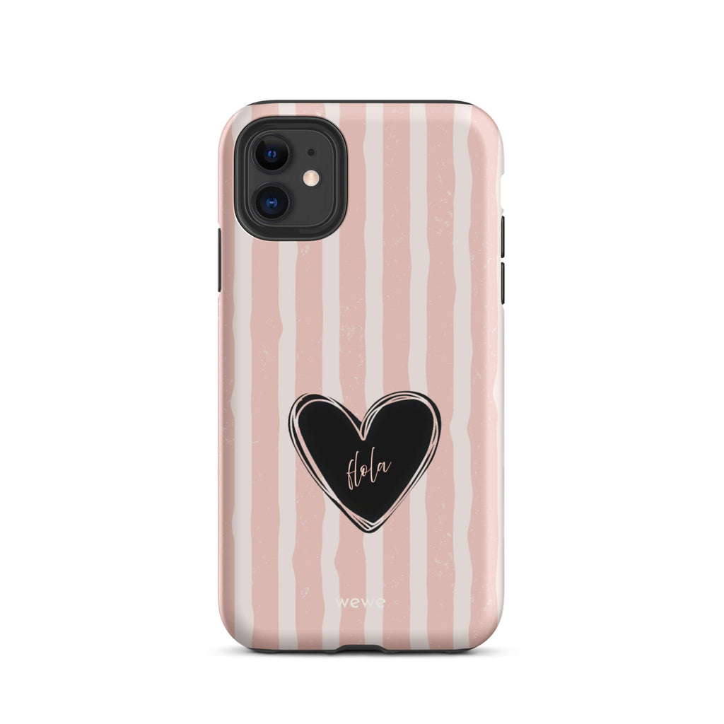 Custom iPhone case 11 featuring a matte distressed pattern of pale pink and white vertical stripes, centered with a black heart graphic containing the word 'Hola' in cursive, and 'wewe' branding at the bottom.