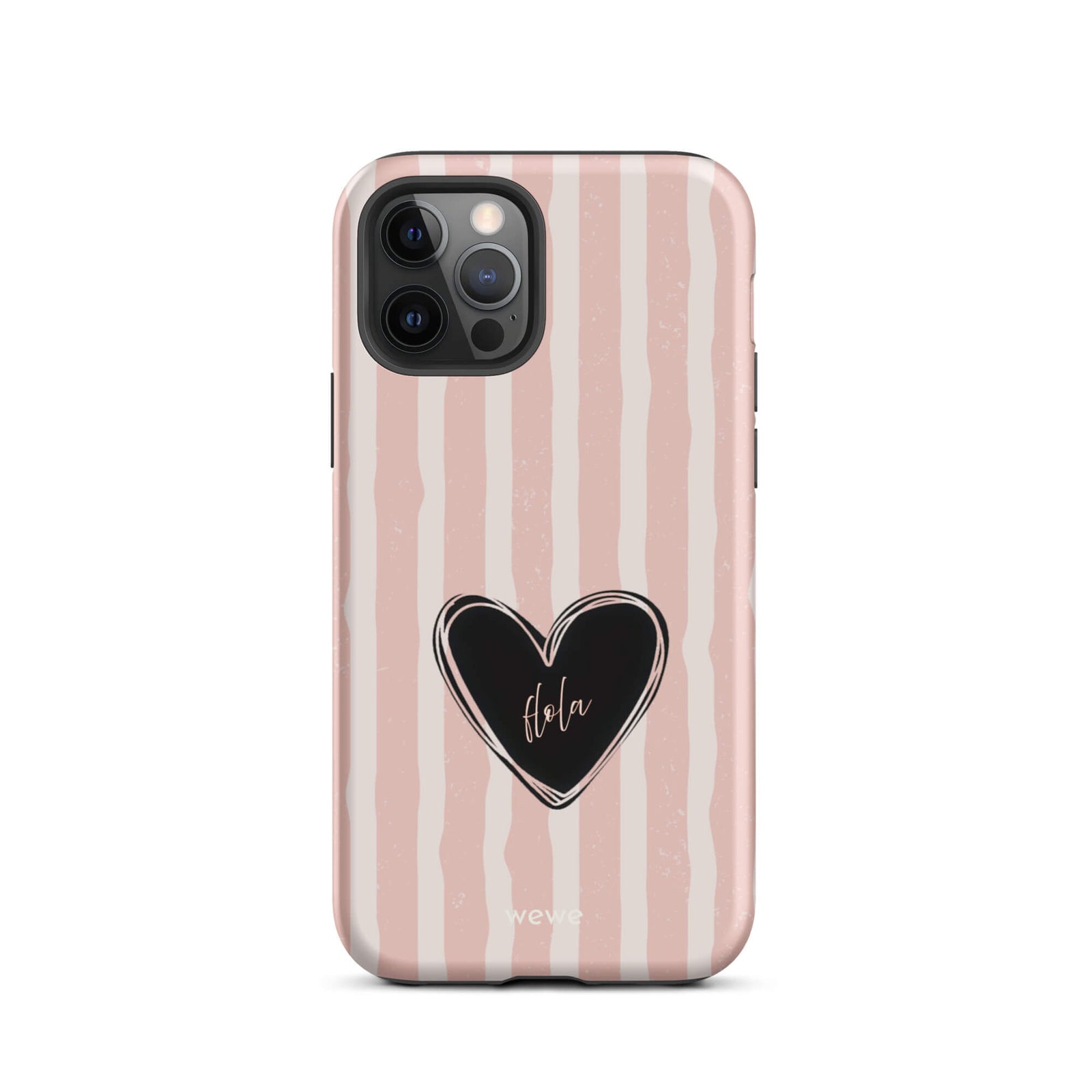 Custom iPhone case 12 pro featuring a matte distressed pattern of pale pink and white vertical stripes, centered with a black heart graphic containing the word 'Hola' in cursive, and 'wewe' branding at the bottom.