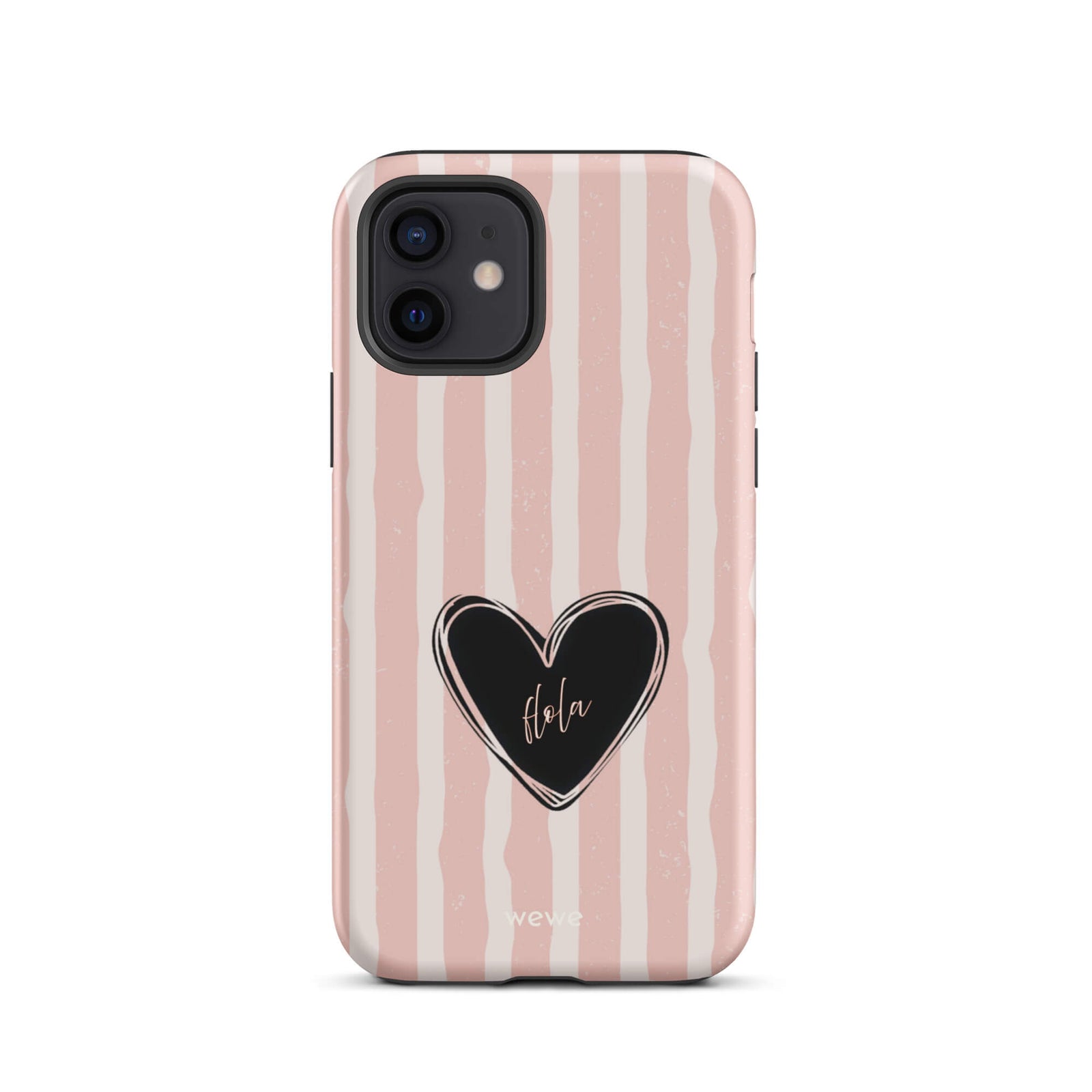 Custom iPhone case 12 featuring a matte distressed pattern of pale pink and white vertical stripes, centered with a black heart graphic containing the word 'Hola' in cursive, and 'wewe' branding at the bottom.