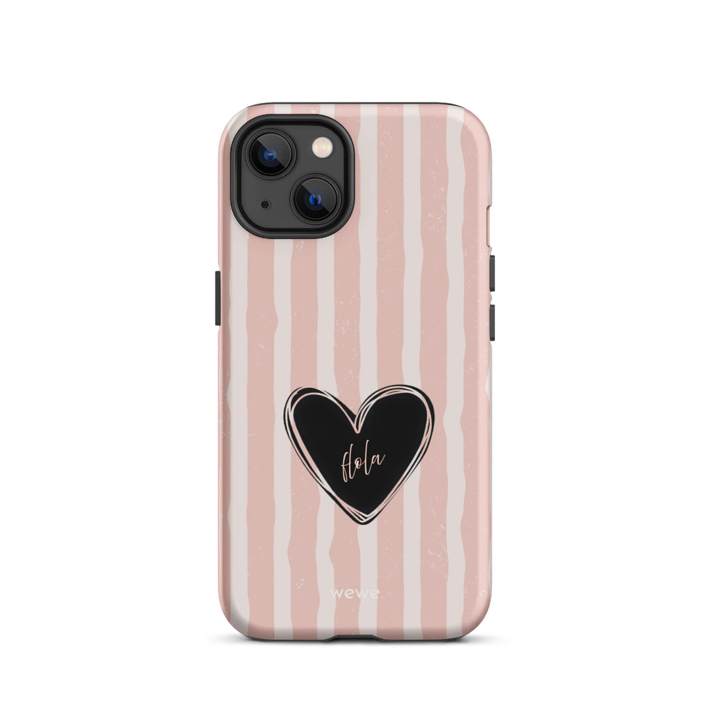 Custom iPhone case 13 featuring a matte distressed pattern of pale pink and white vertical stripes, centered with a black heart graphic containing the word 'Hola' in cursive, and 'wewe' branding at the bottom.