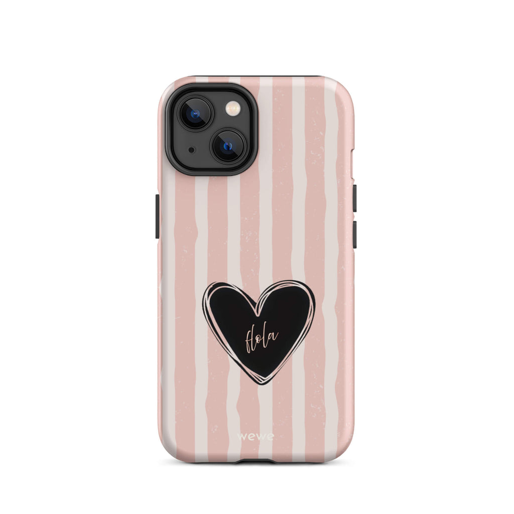 Custom iPhone case 14 featuring a matte distressed pattern of pale pink and white vertical stripes, centered with a black heart graphic containing the word 'Hola' in cursive, and 'wewe' branding at the bottom.