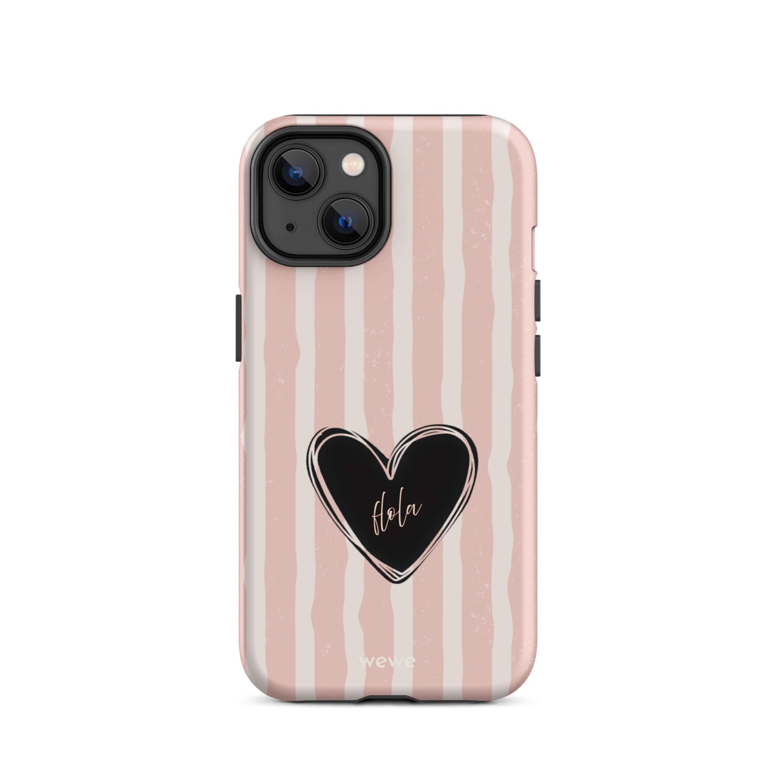 Custom iPhone case 14 featuring a matte distressed pattern of pale pink and white vertical stripes, centered with a black heart graphic containing the word 'Hola' in cursive, and 'wewe' branding at the bottom.