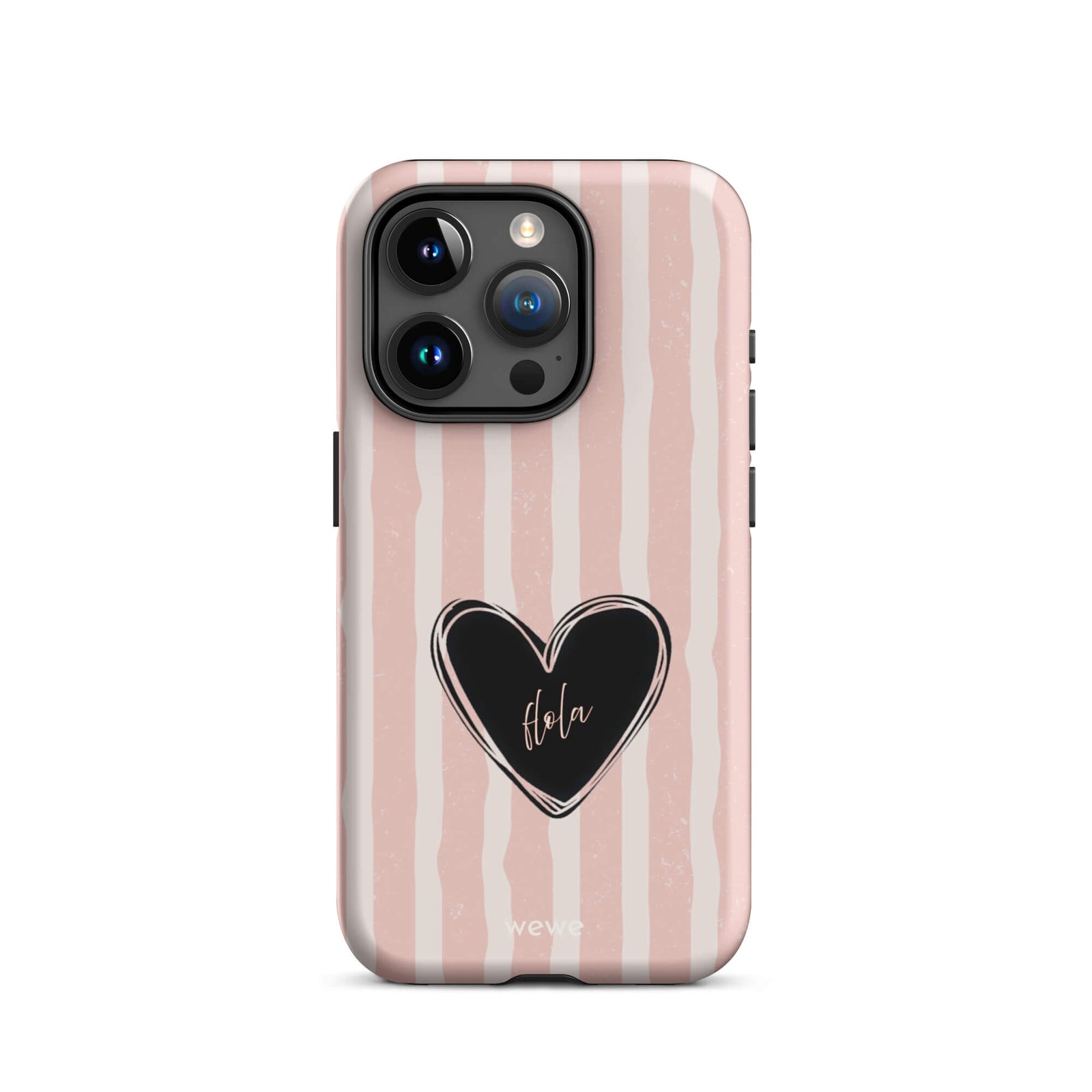 Custom iPhone case 15 pro featuring a matte distressed pattern of pale pink and white vertical stripes, centered with a black heart graphic containing the word 'Hola' in cursive, and 'wewe' branding at the bottom.
