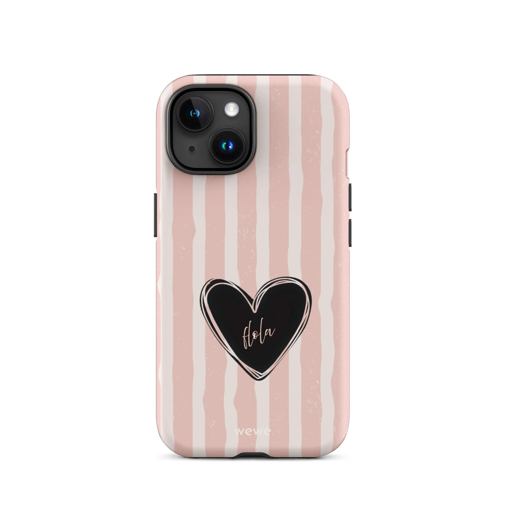 Custom iPhone case 15 featuring a matte distressed pattern of pale pink and white vertical stripes, centered with a black heart graphic containing the word 'Hola' in cursive, and 'wewe' branding at the bottom.