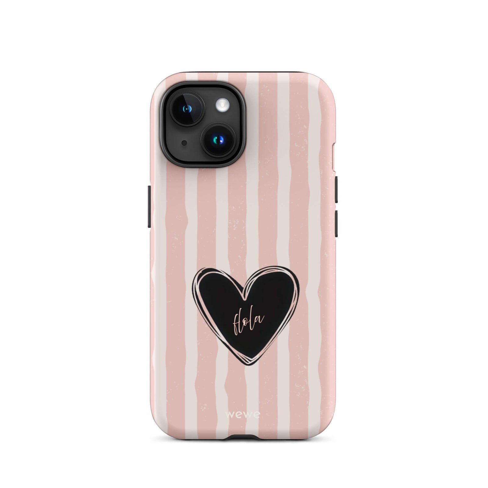 Custom iPhone case 15 featuring a matte distressed pattern of pale pink and white vertical stripes, centered with a black heart graphic containing the word 'Hola' in cursive, and 'wewe' branding at the bottom.