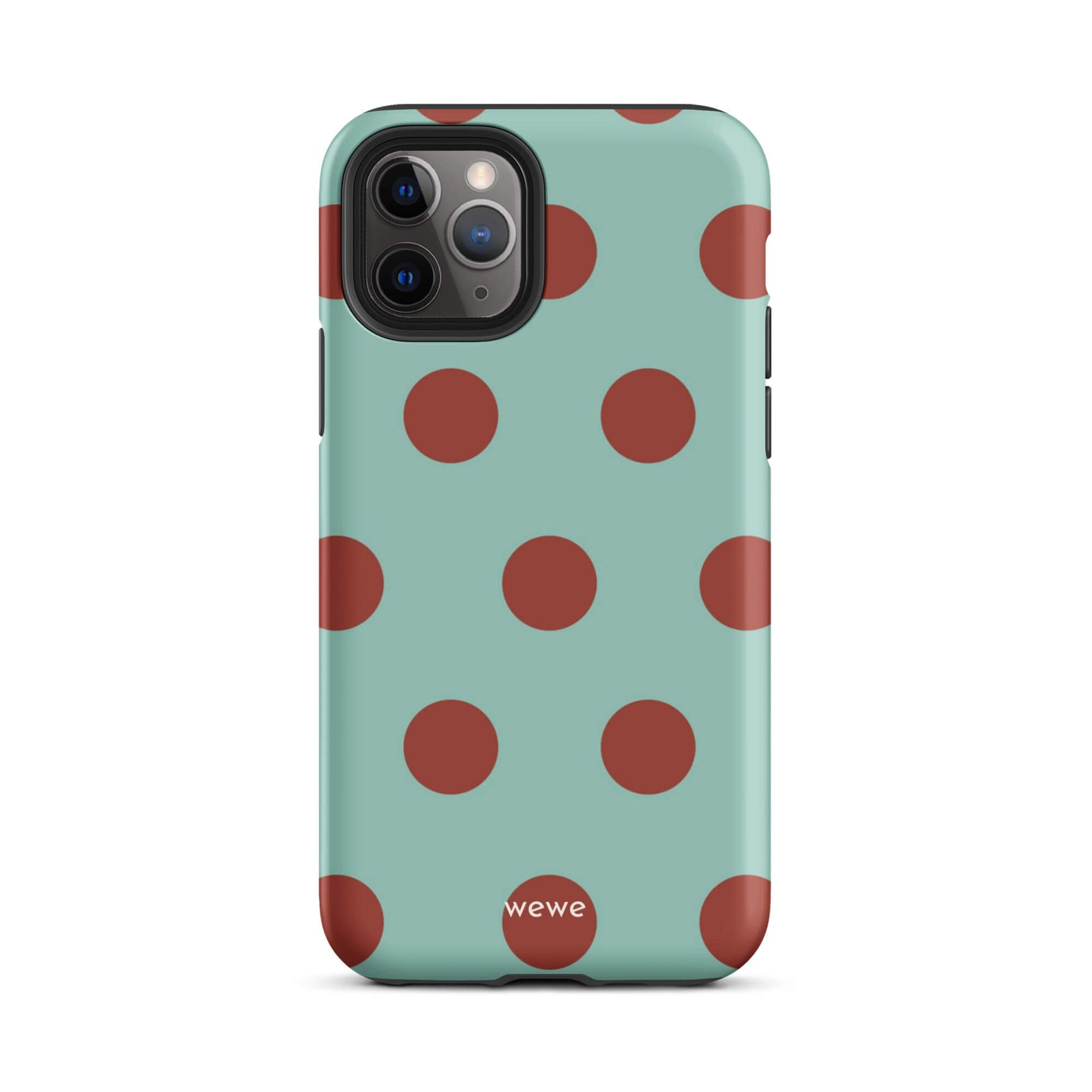 Custom iPhone case 11 pro with a light mint green background and a repeating pattern of evenly spaced maroon or deep red polka dots.