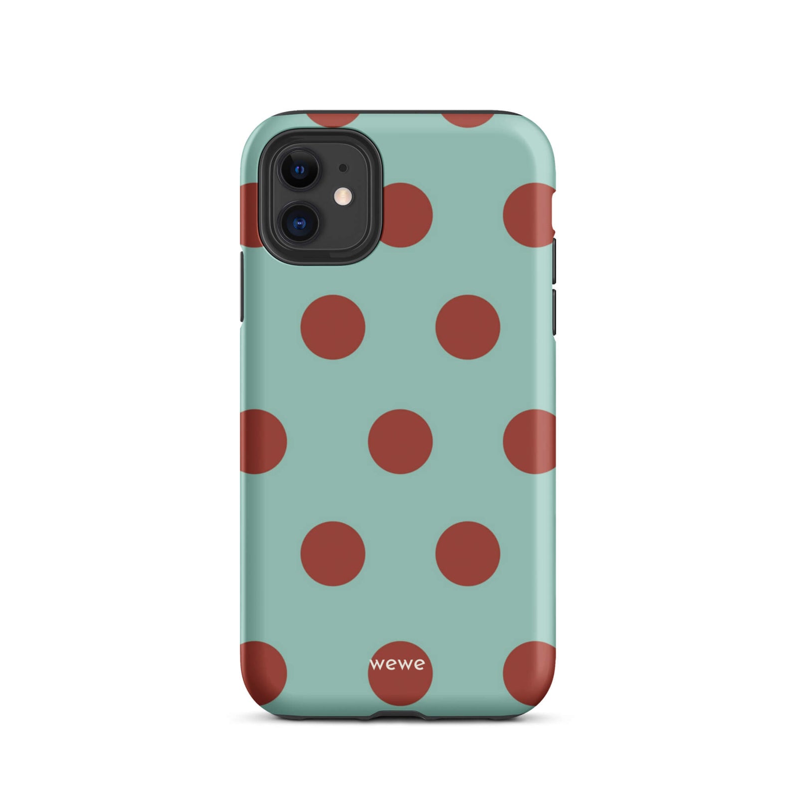 Custom iPhone case 11 with a light mint green background and a repeating pattern of evenly spaced maroon or deep red polka dots.
