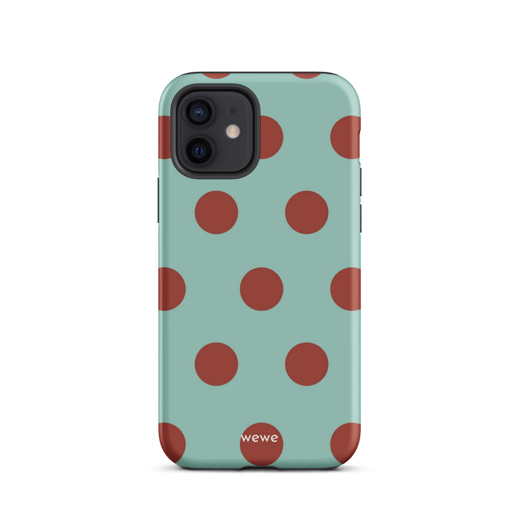 Custom iPhone case 12 with a light mint green background and a repeating pattern of evenly spaced maroon or deep red polka dots.