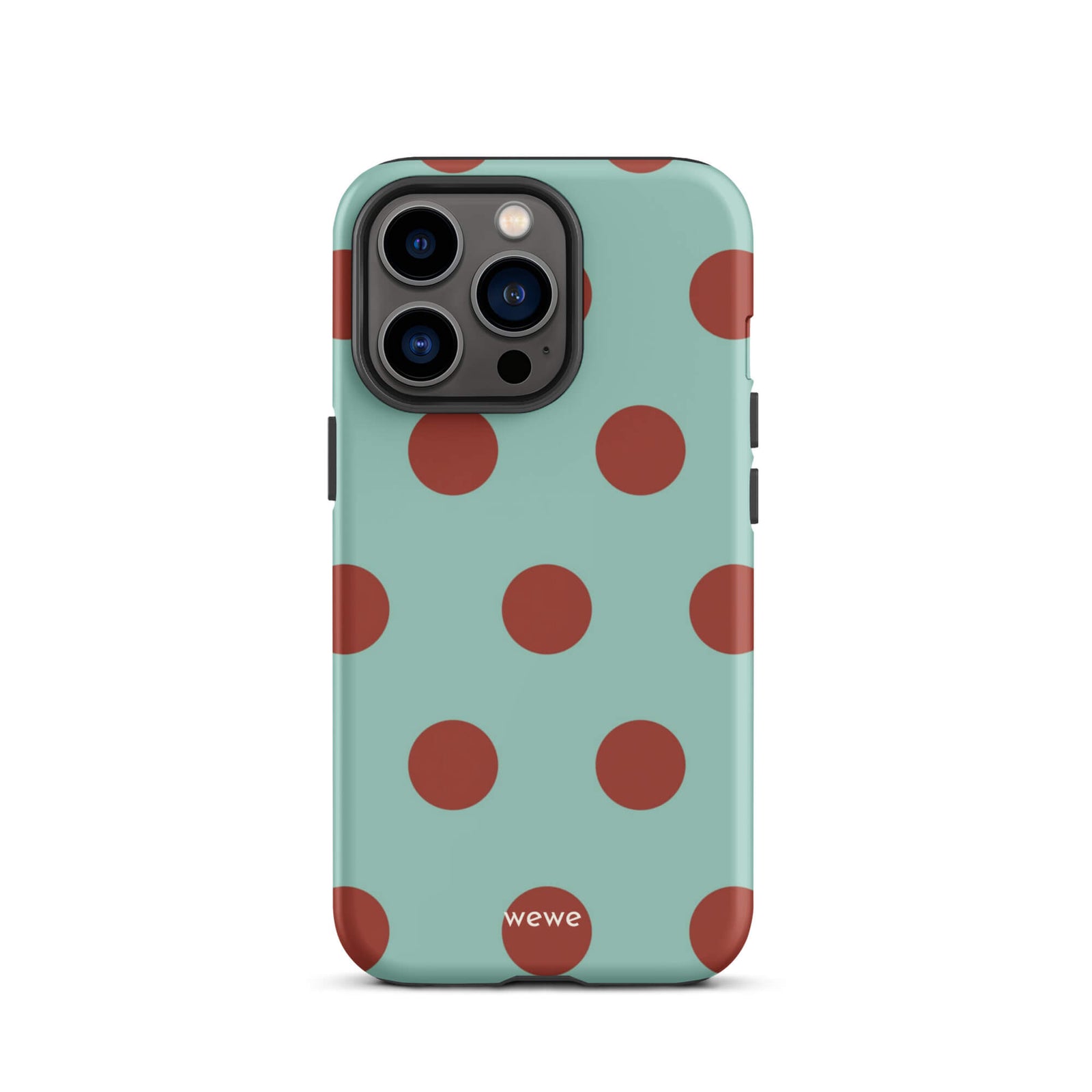 Custom iPhone case 13 pro with a light mint green background and a repeating pattern of evenly spaced maroon or deep red polka dots.