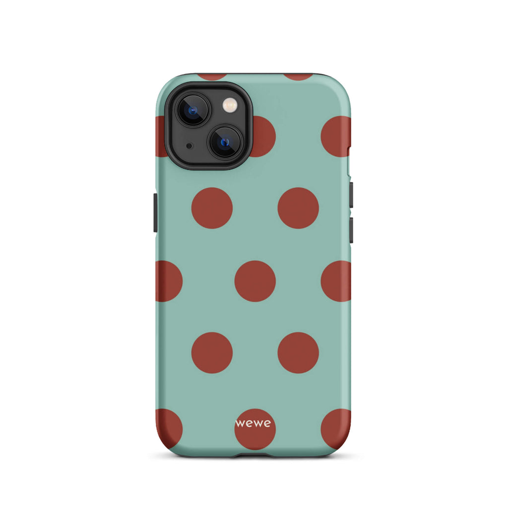 Custom iPhone case 13 with a light mint green background and a repeating pattern of evenly spaced maroon or deep red polka dots.