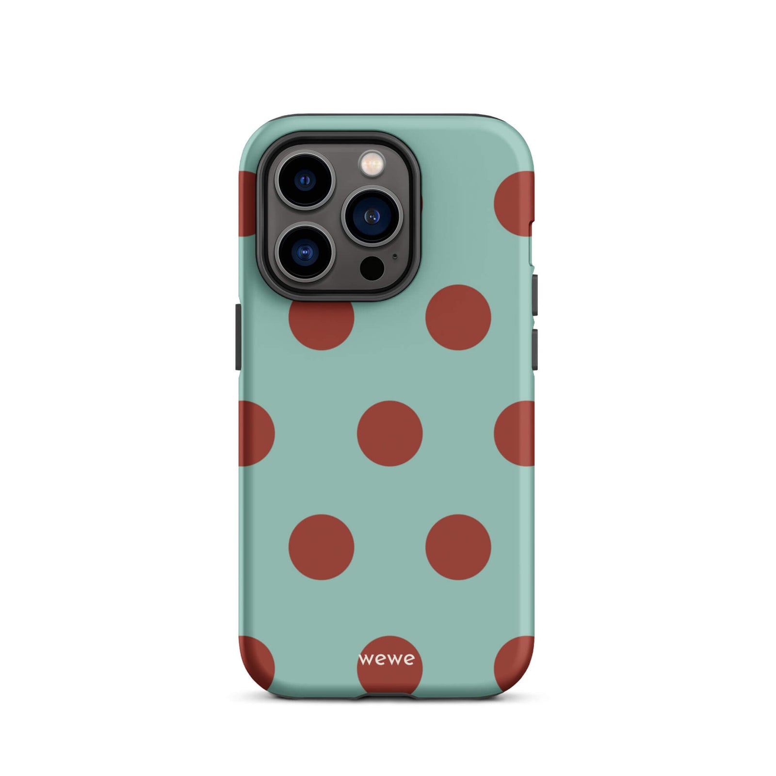 Custom iPhone case 14 pro with a light mint green background and a repeating pattern of evenly spaced maroon or deep red polka dots.