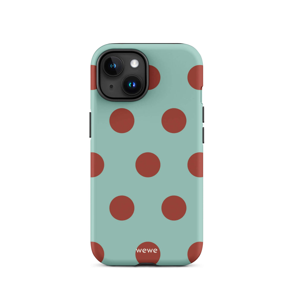 Custom iPhone case 15 with a light mint green background and a repeating pattern of evenly spaced maroon or deep red polka dots.