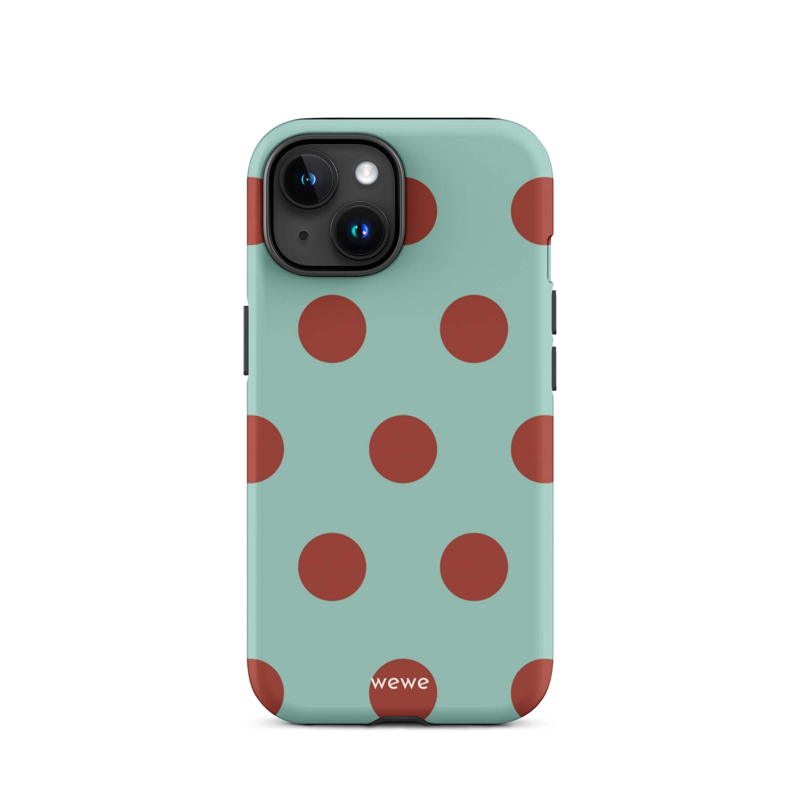 Custom iPhone case 15 with a light mint green background and a repeating pattern of evenly spaced maroon or deep red polka dots.
