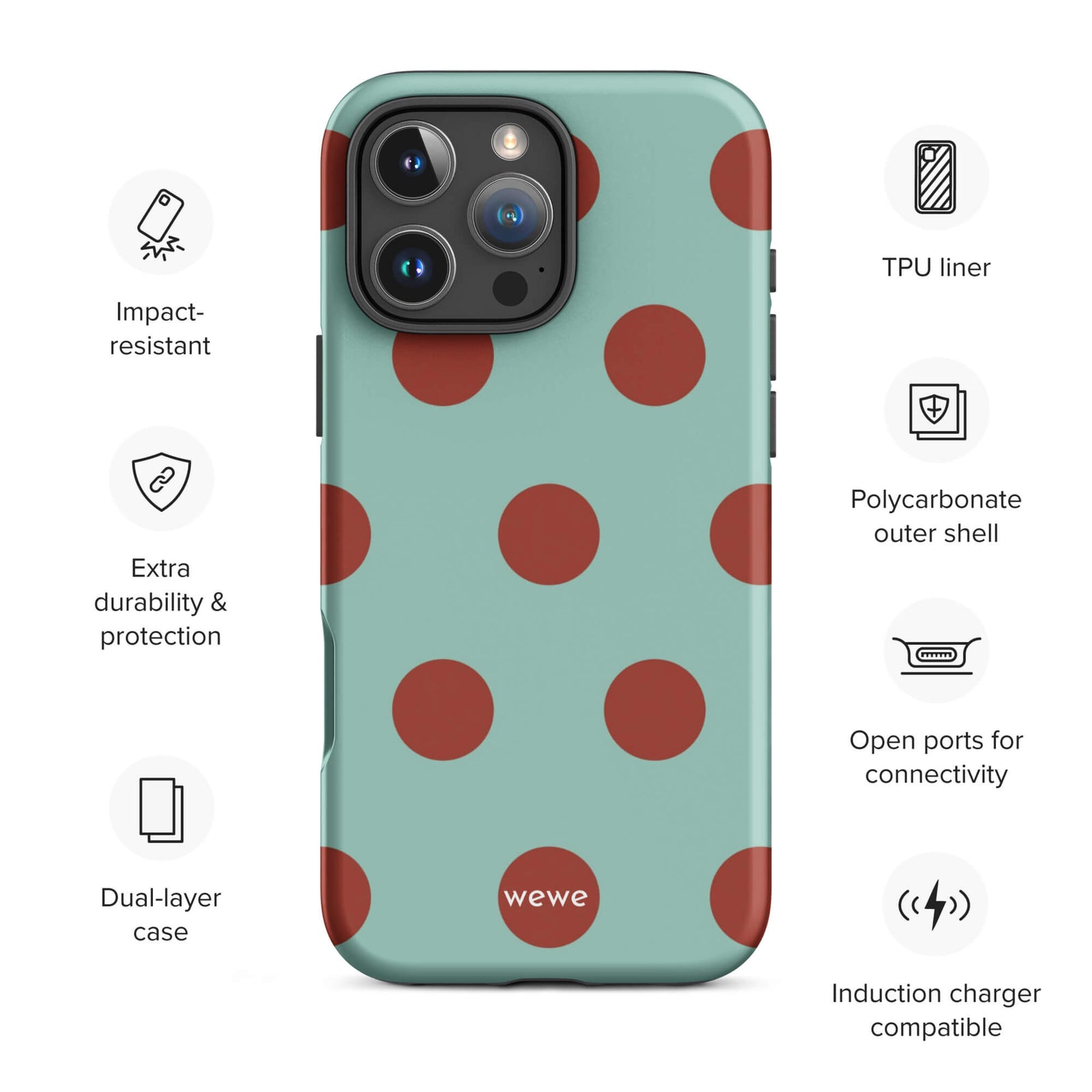 Custom mint green polka dot iphone case 16 pro max wireless charging compatible.