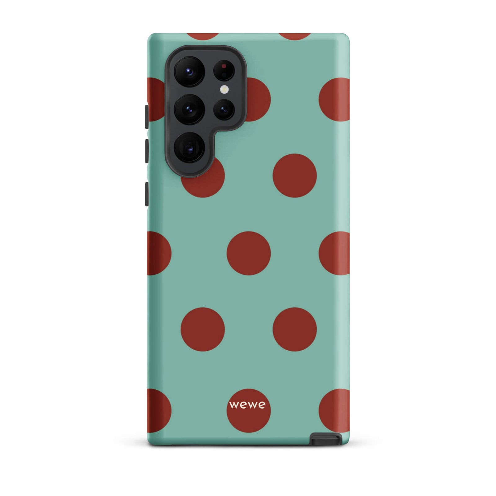 Custom samsung galaxy s22 ultra with a light mint green background and a repeating pattern of evenly spaced maroon or deep red polka dots.