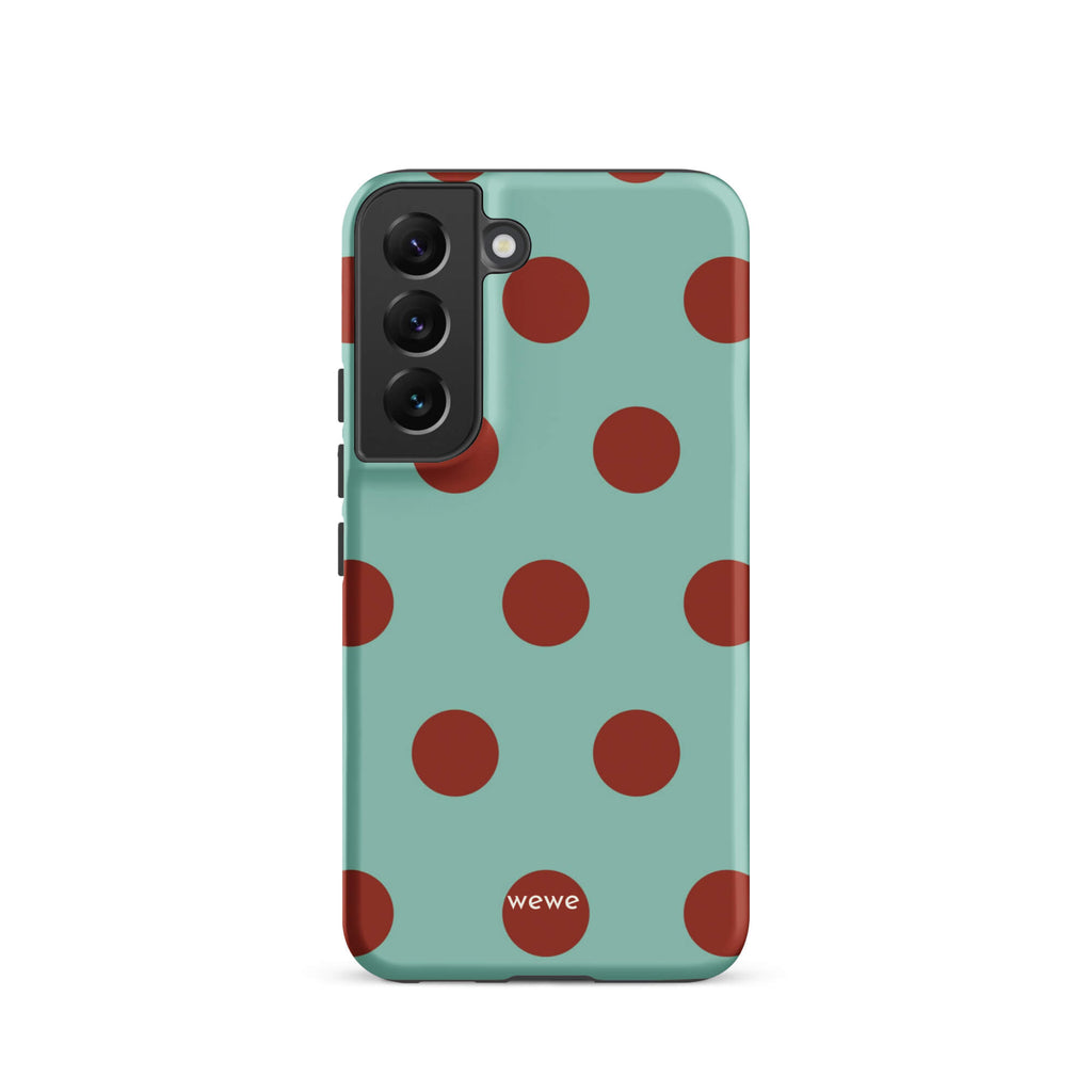 Custom samsung galaxy s22 with a light mint green background and a repeating pattern of evenly spaced maroon or deep red polka dots.