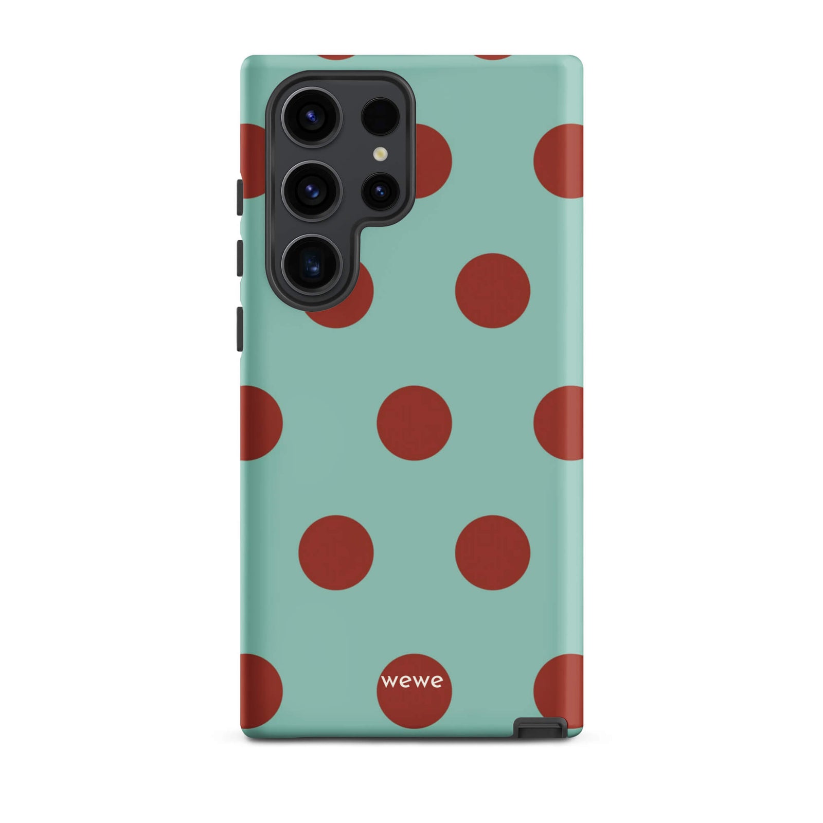Custom samsung galaxy s23 ultra with a light mint green background and a repeating pattern of evenly spaced maroon or deep red polka dots.