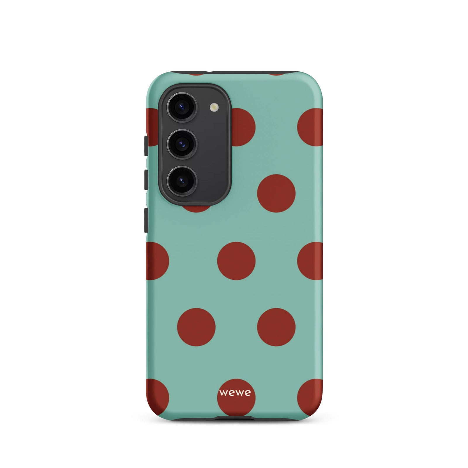 Custom samsung galaxy s23 with a light mint green background and a repeating pattern of evenly spaced maroon or deep red polka dots.