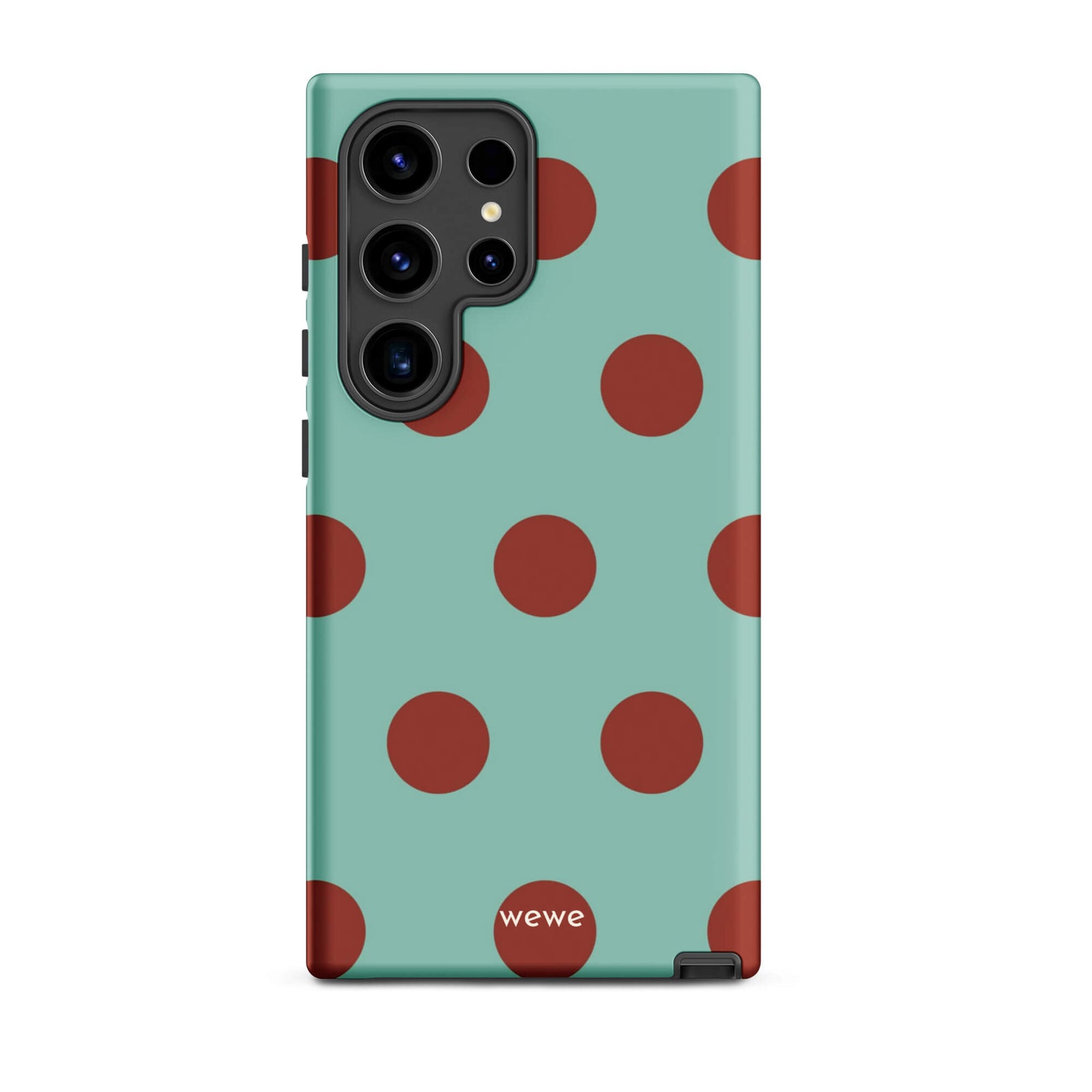 Custom samsung galaxy s24 ultra with a light mint green background and a repeating pattern of evenly spaced maroon or deep red polka dots.