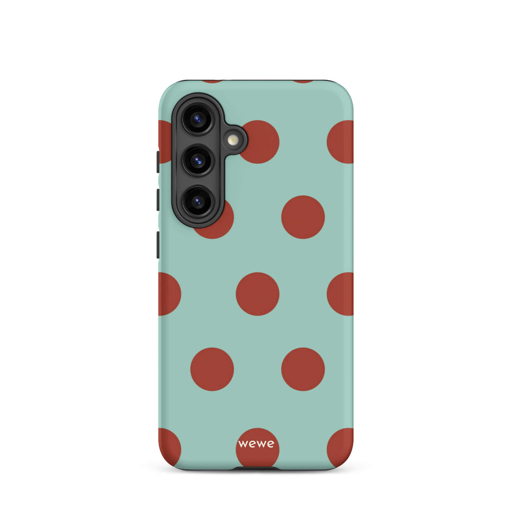 Custom samsung galaxy s24 with a light mint green background and a repeating pattern of evenly spaced maroon or deep red polka dots.