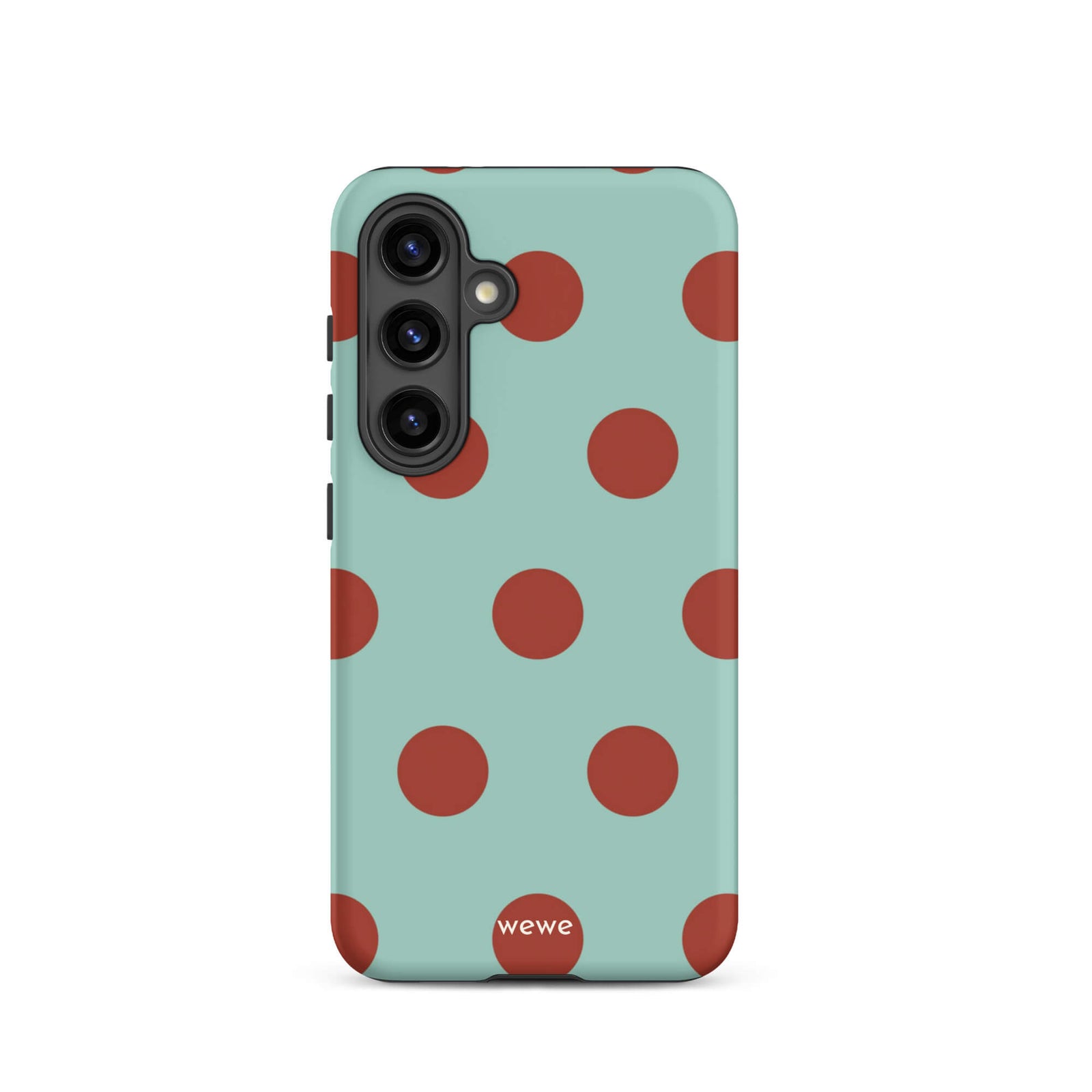 Custom samsung galaxy s24 with a light mint green background and a repeating pattern of evenly spaced maroon or deep red polka dots.
