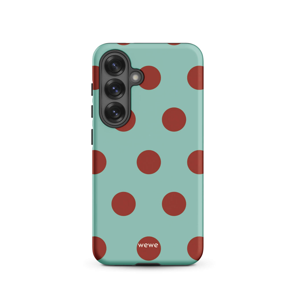 Custom samsung galaxy s25 with a light mint green background and a repeating pattern of evenly spaced maroon or deep red polka dots.