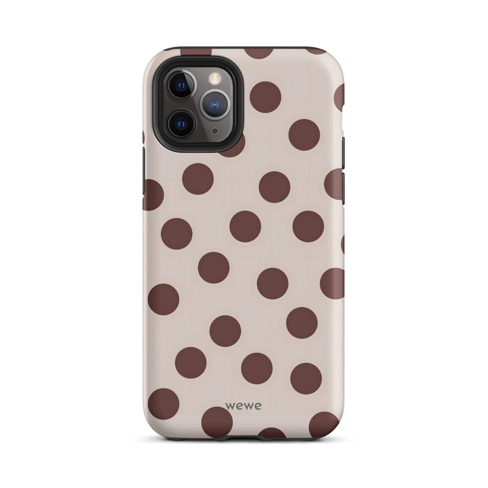 Custom iPhone 11 pro tough case in matte light beige/taupe with large dark brown (mocha) polka dots and 'wewe' branding at the bottom.